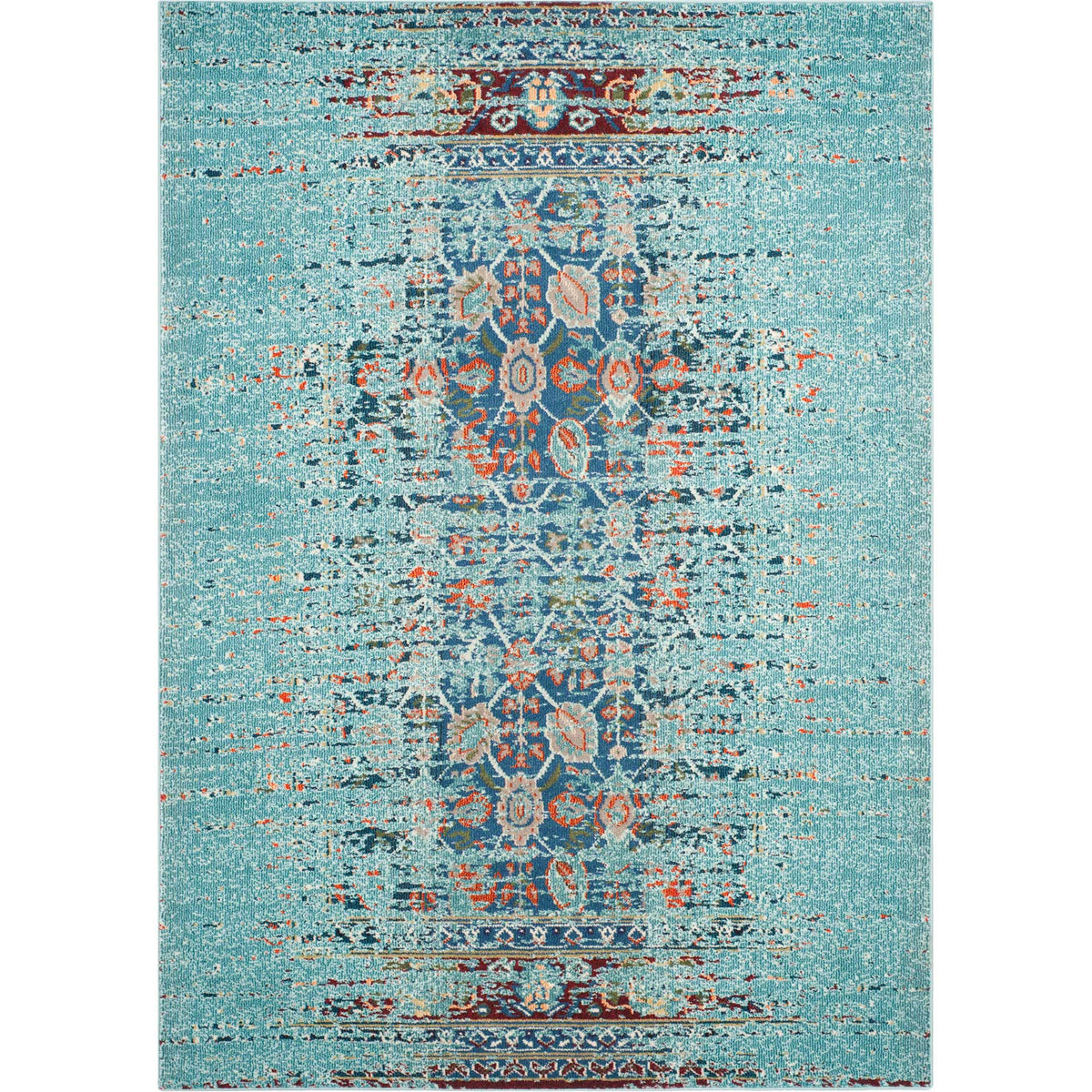Blue rug with layered floral medallions and a softly weathered finish