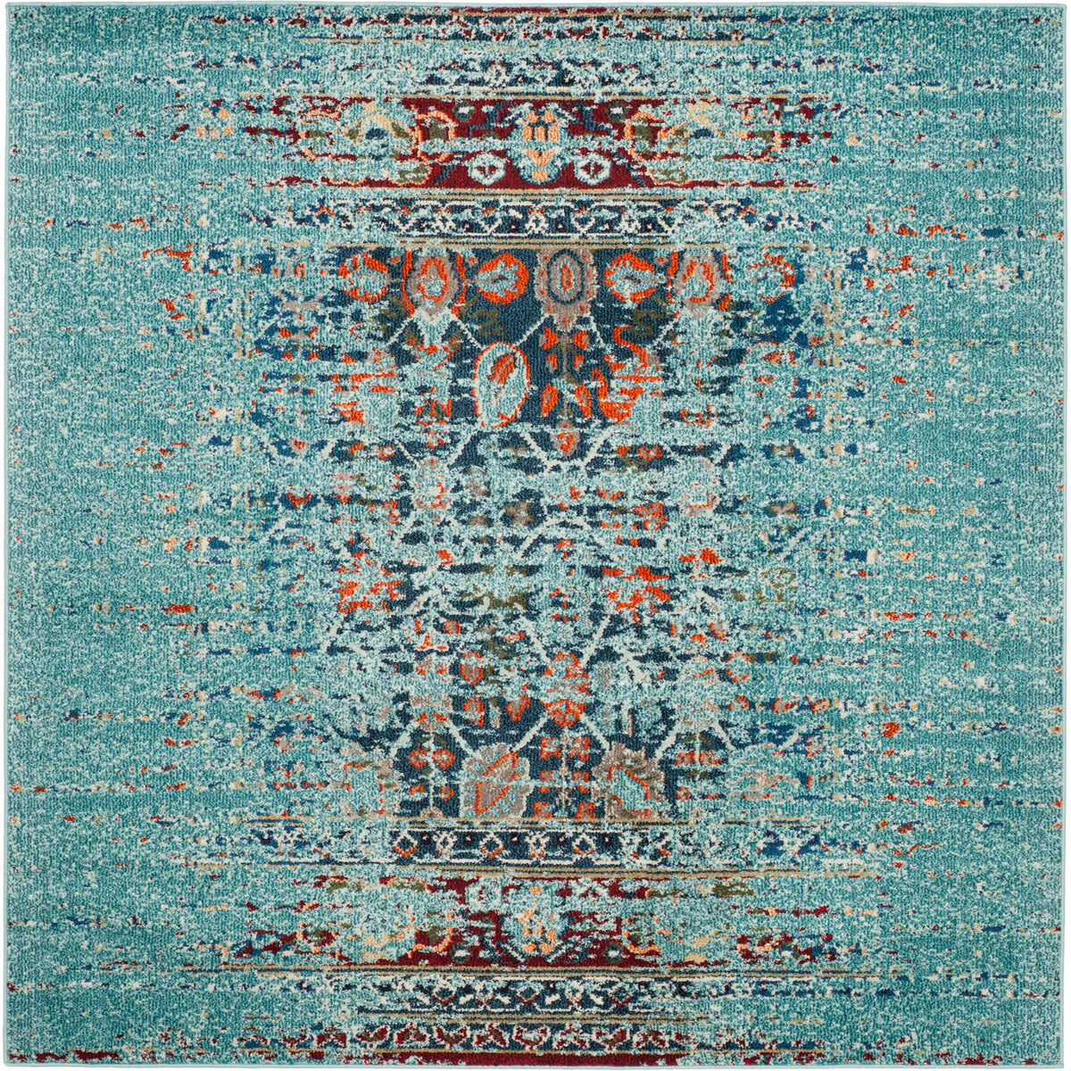 Square turquoise rug with ornate medallions and deep blue and rust accents