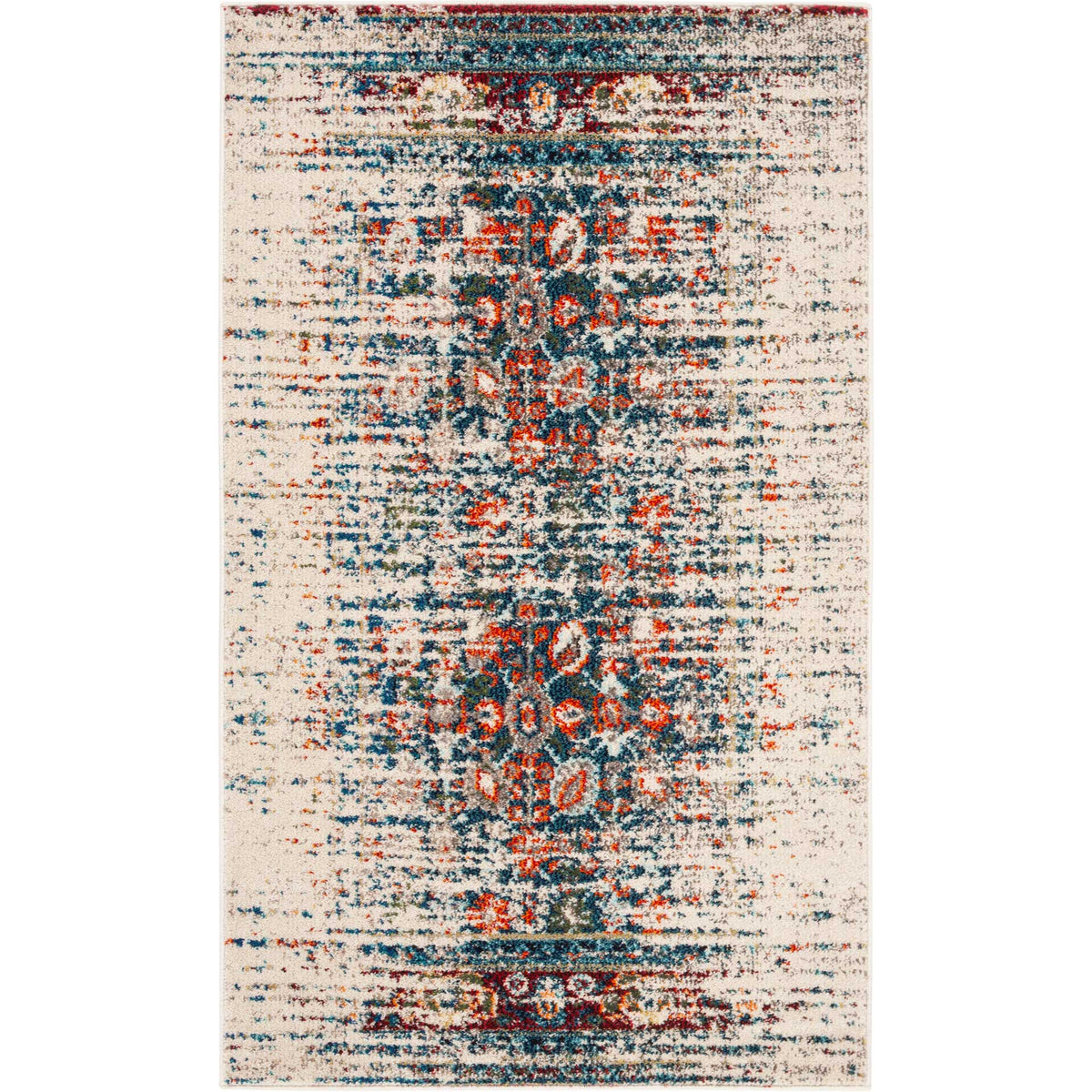 Compact ivory rug with distressed blue florals and colorful border accents