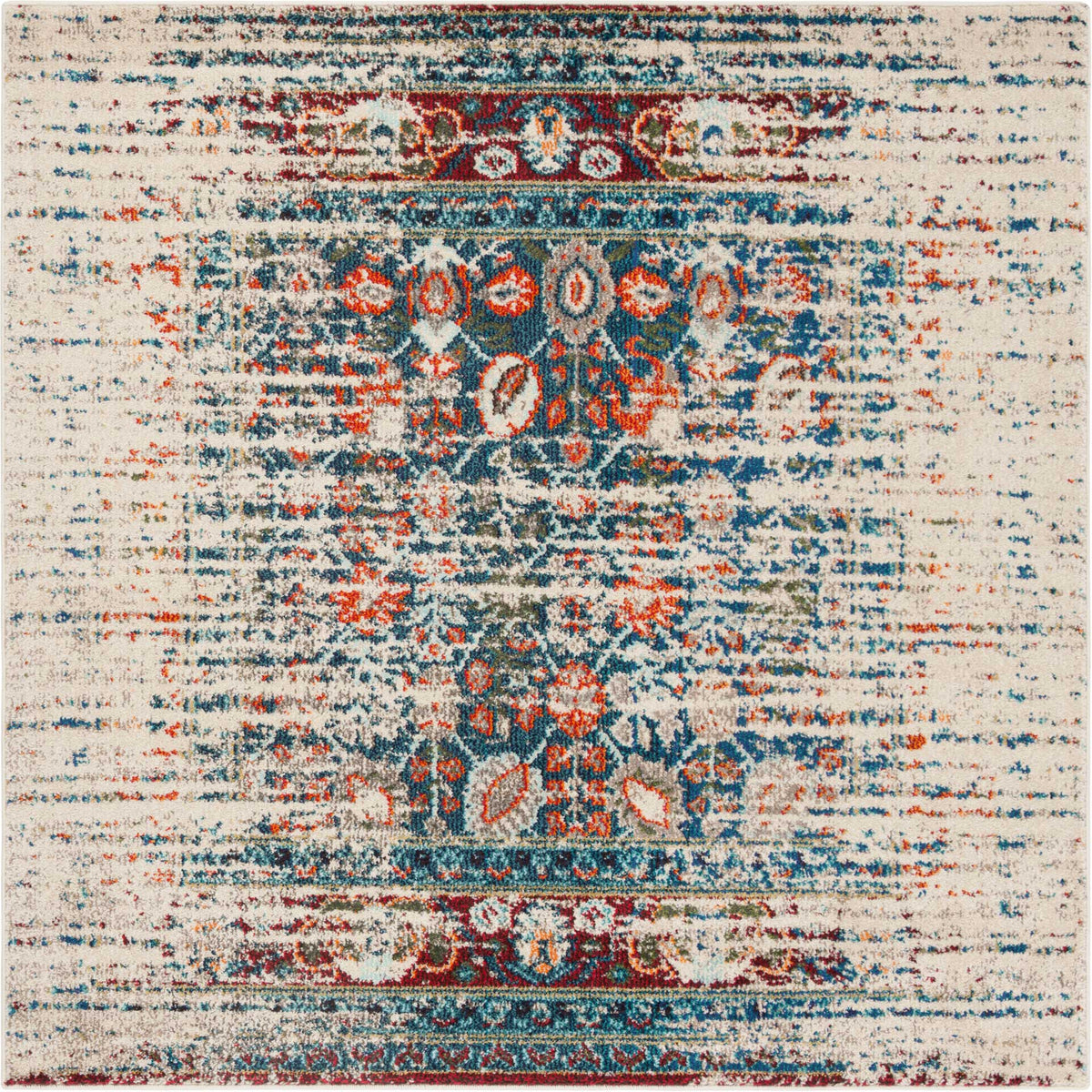 Square ivory rug with ornate navy motifs and warm orange accents