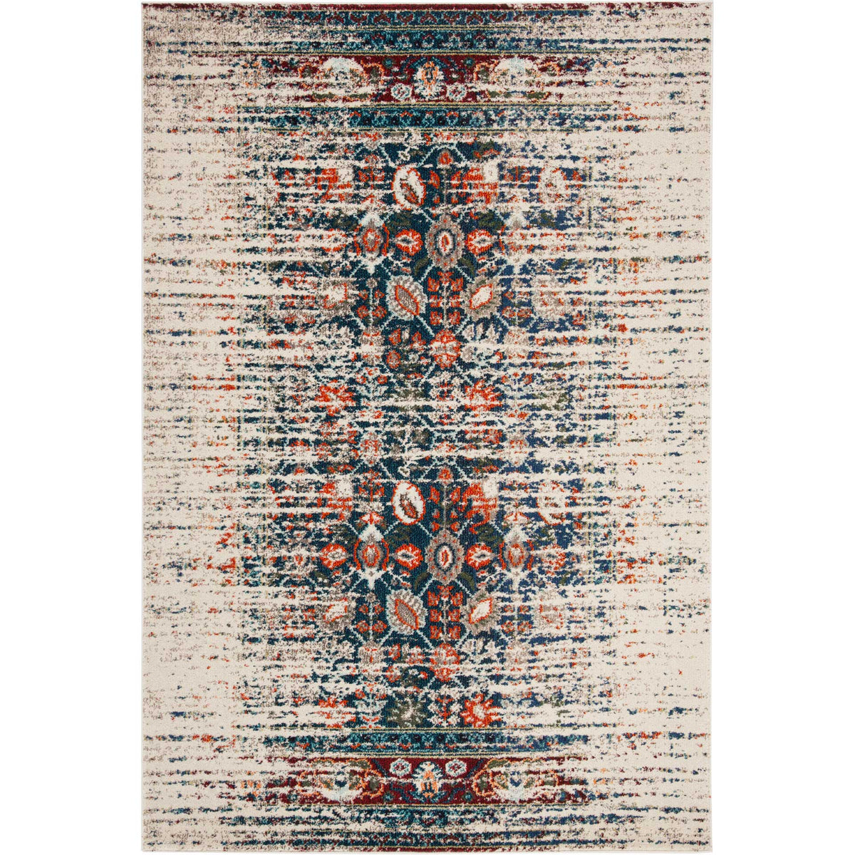 Ivory rug with blue floral medallions, coral highlights, and a faded finish