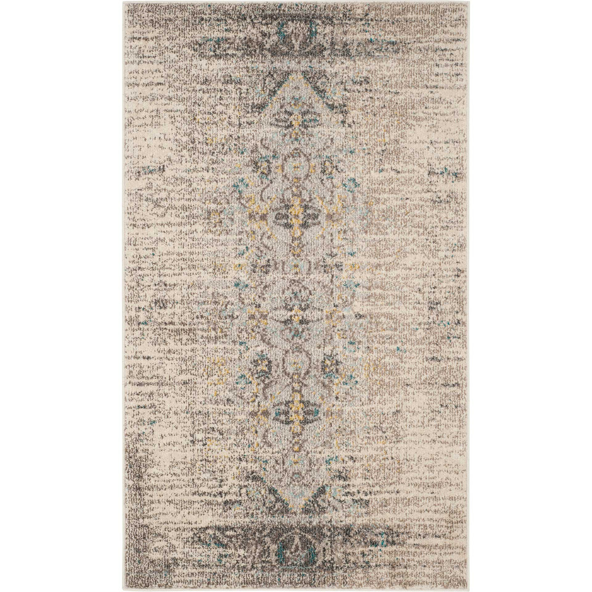 Compact gray rug with faded floral detailing and muted blue and gold highlights