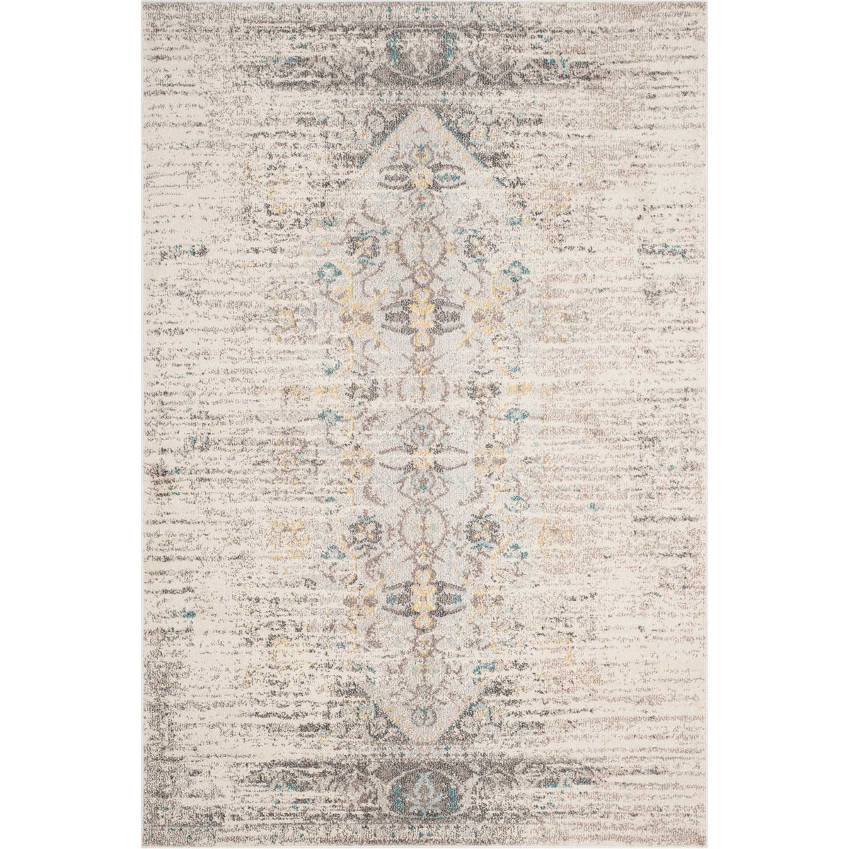 Rectangular gray rug with an ornate central medallion over a softly weathered ivory field