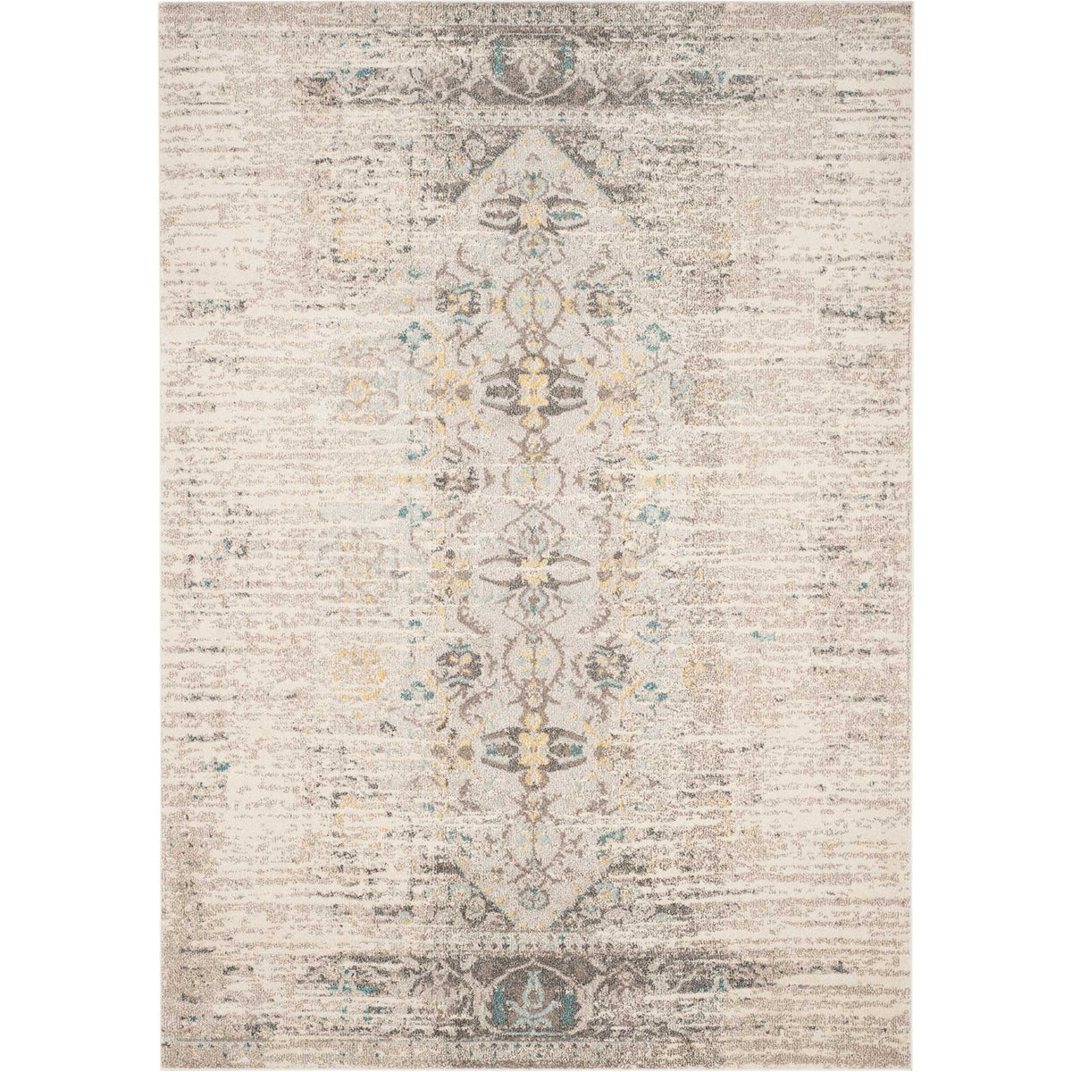 Pale gray rug with a floral medallion, muted teal accents, and vintage-style fading
