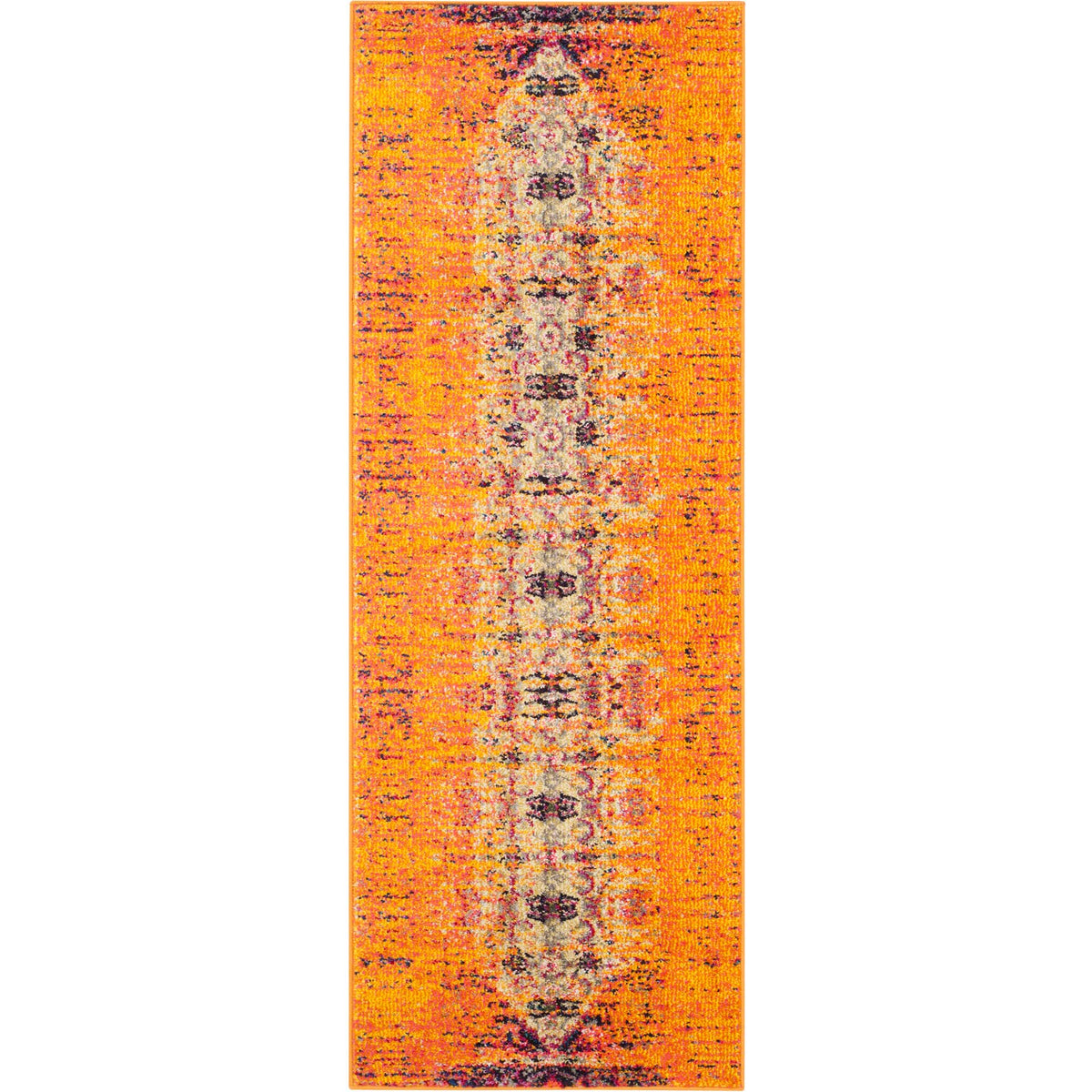 Fiery orange and gold tones frame a dark, distressed motif on this shorter runner rug.