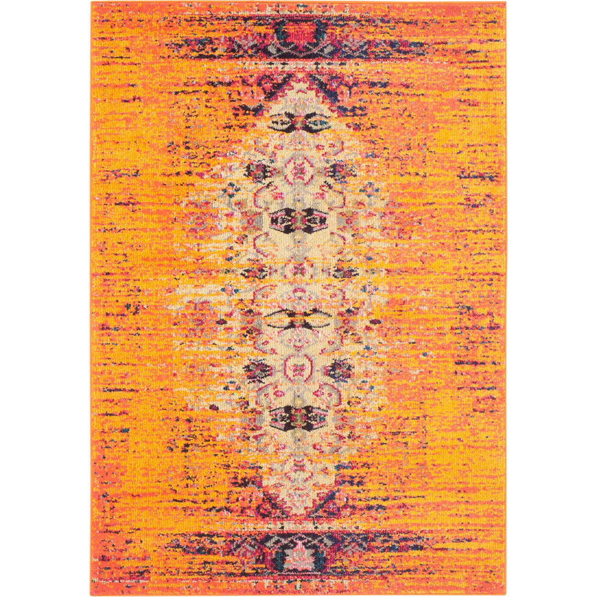 Compact orange rug with a pale floral centerpiece and contrasting dark end motifs