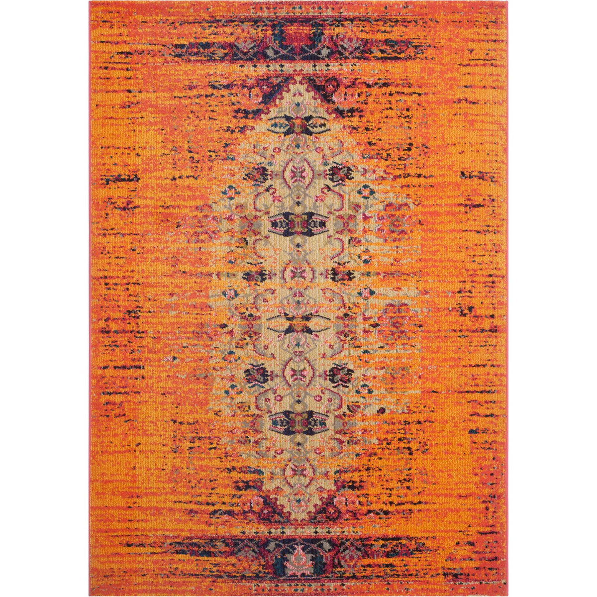 Orange rug showcases a soft ivory medallion and weathered dark end motifs
