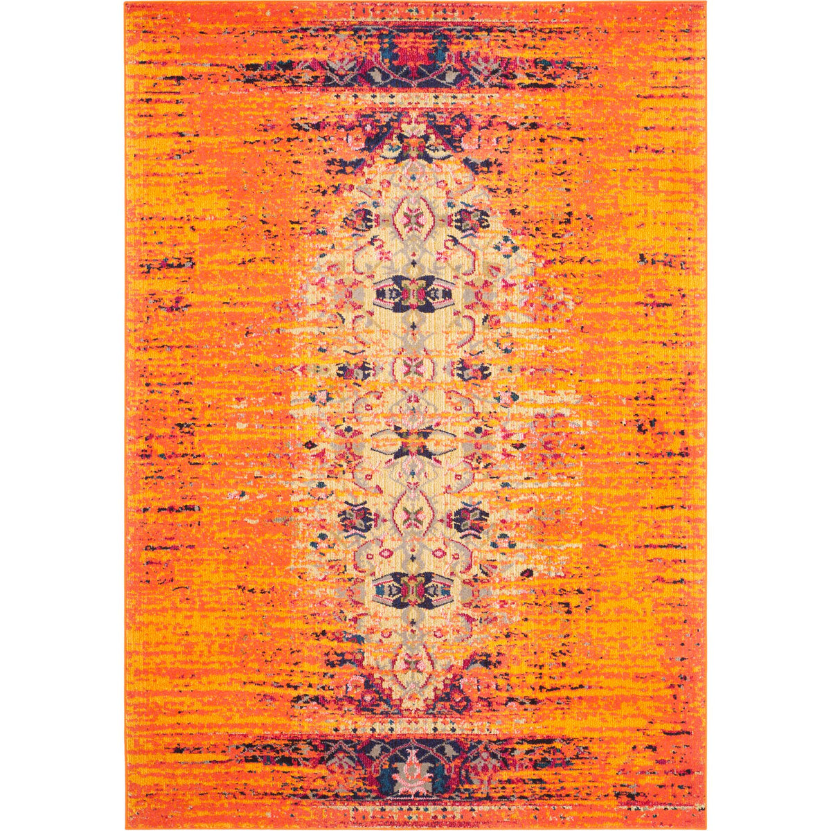 Vivid orange area rug with intricate ivory floral motifs and deep navy end accents