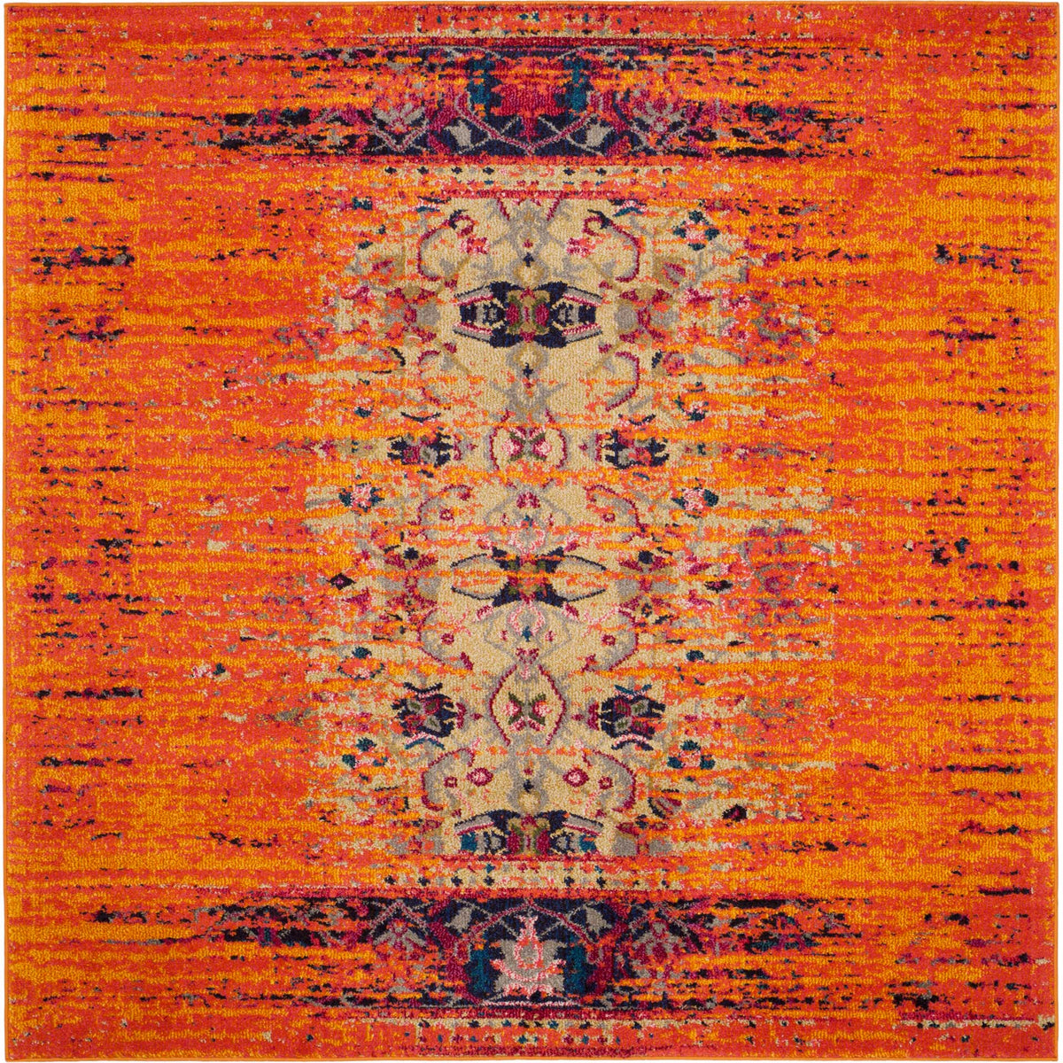 Square orange rug centers a pale scrolling medallion amid distressed navy and pink details