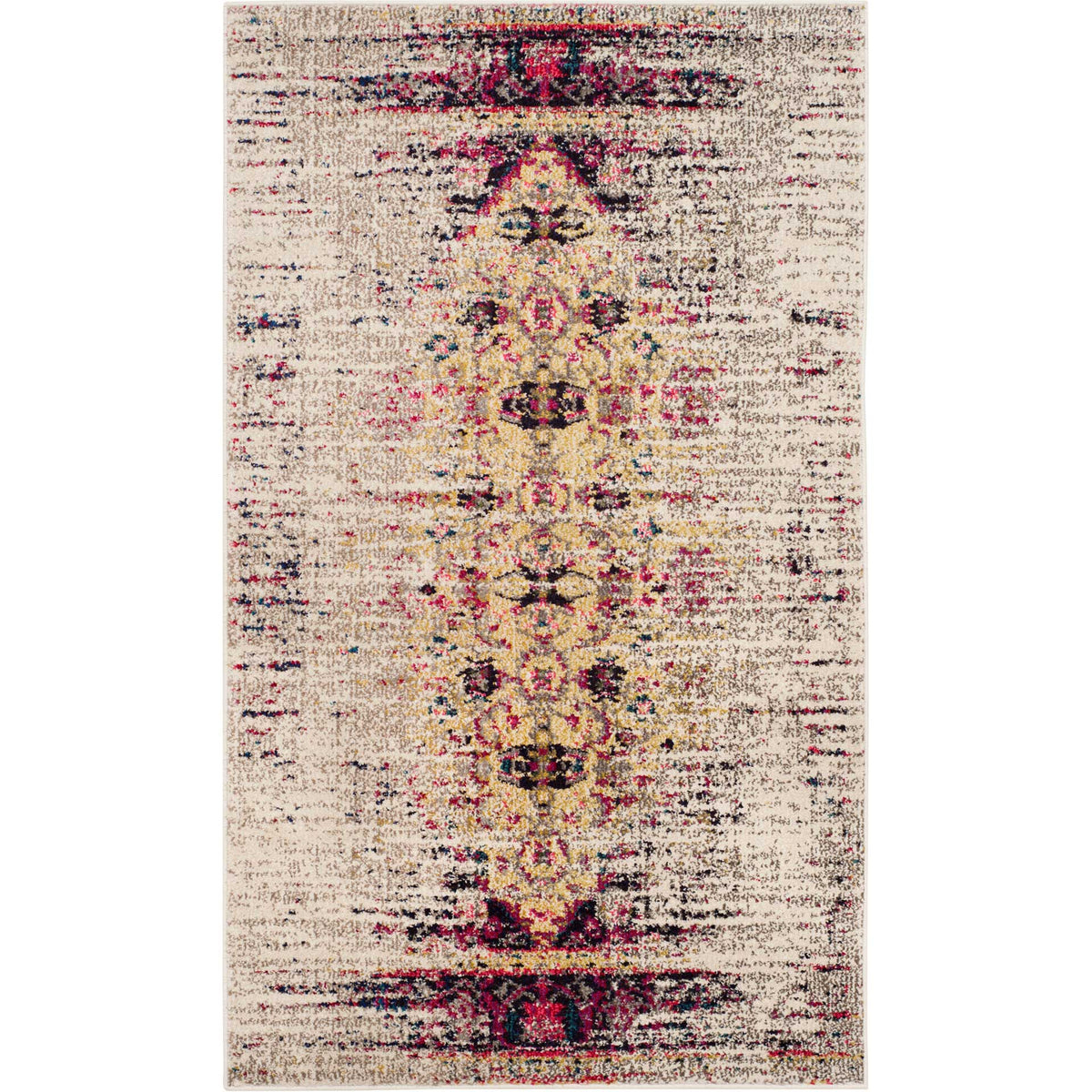 Small ivory rug balances a vivid pink central motif with distressed navy accents