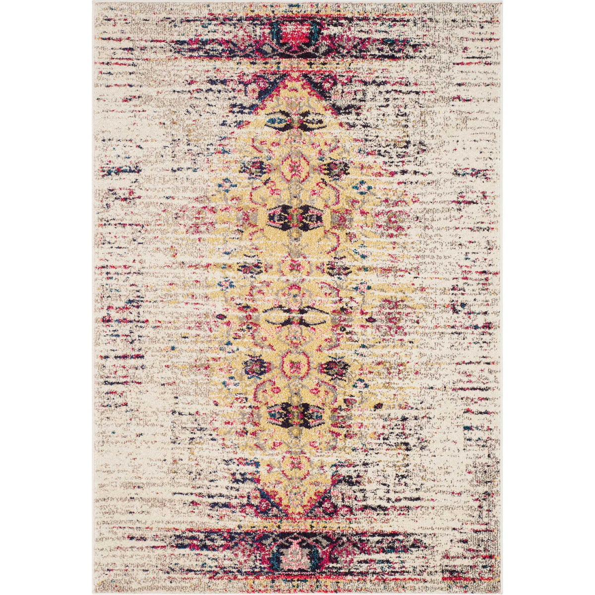 Compact ivory rug with vibrant pink floral details and contrasting navy end motifs