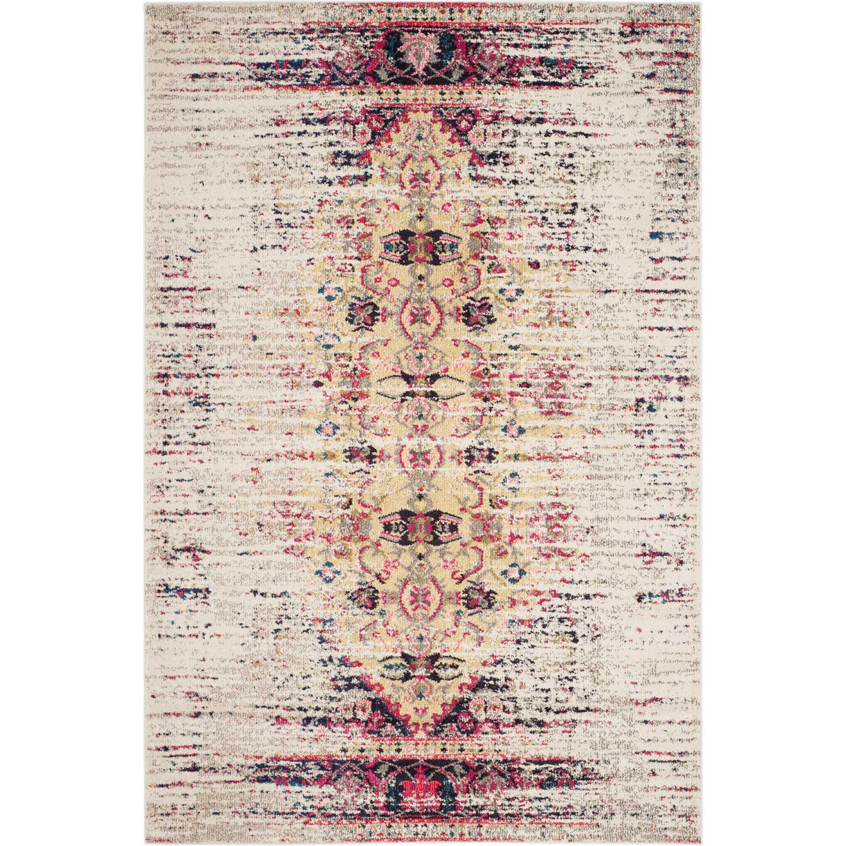 Ivory rug with a vivid pink and gold medallion, dark blue accents, and a faded border