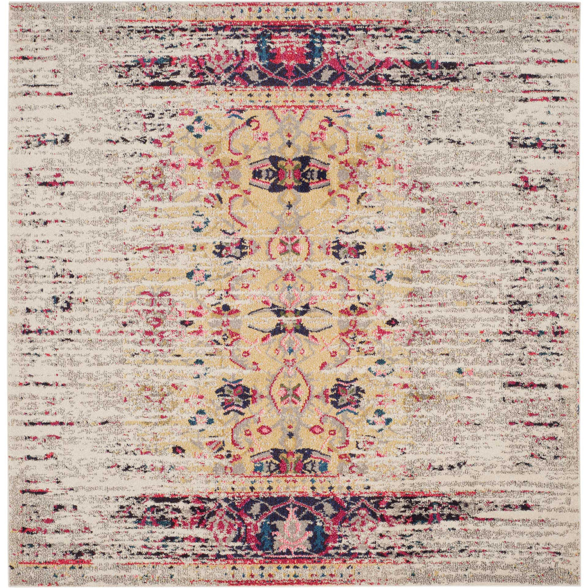 Square ivory rug pairs ornate pink scrollwork with navy accents and a weathered finish
