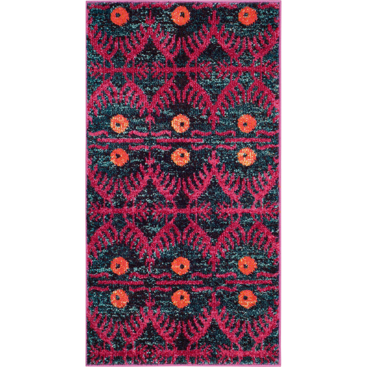 A narrow accent rug pairs vivid pink ornamental motifs with orange medallions and deep navy tones.