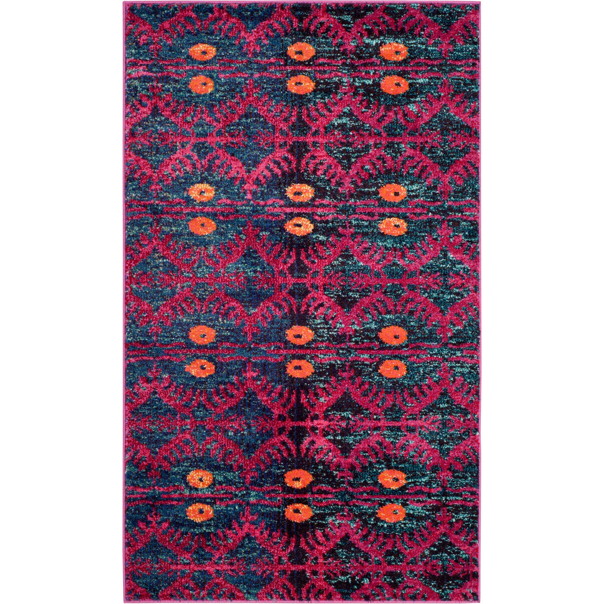 A small rectangular rug features hot pink arches and orange floral accents against deep blue.