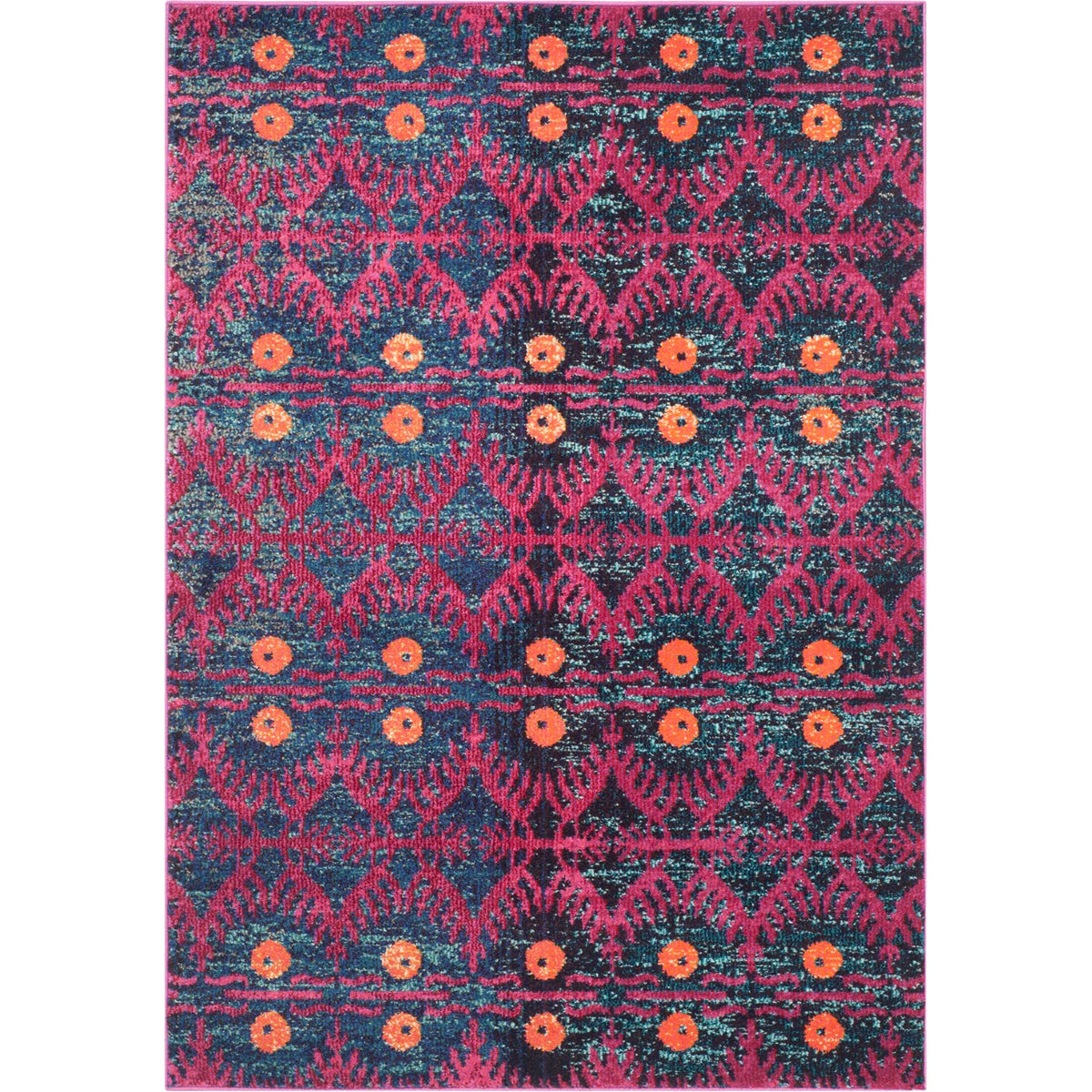 Compact proportions meet vibrant pink motifs and rows of orange blooms on a dark teal rug.