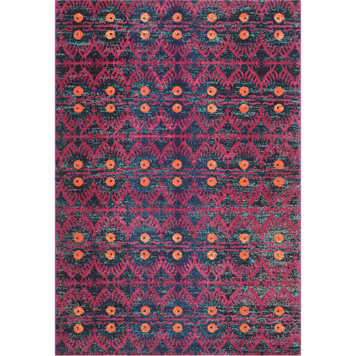 A colorful rectangular rug repeats pink filigree and orange oval accents over a deep navy base.