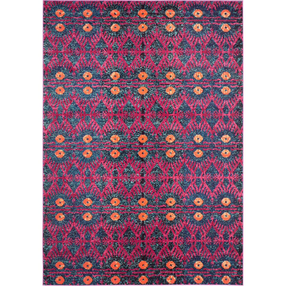 Rows of bright orange blooms and pink arches enliven a rectangular rug with a dark teal base.