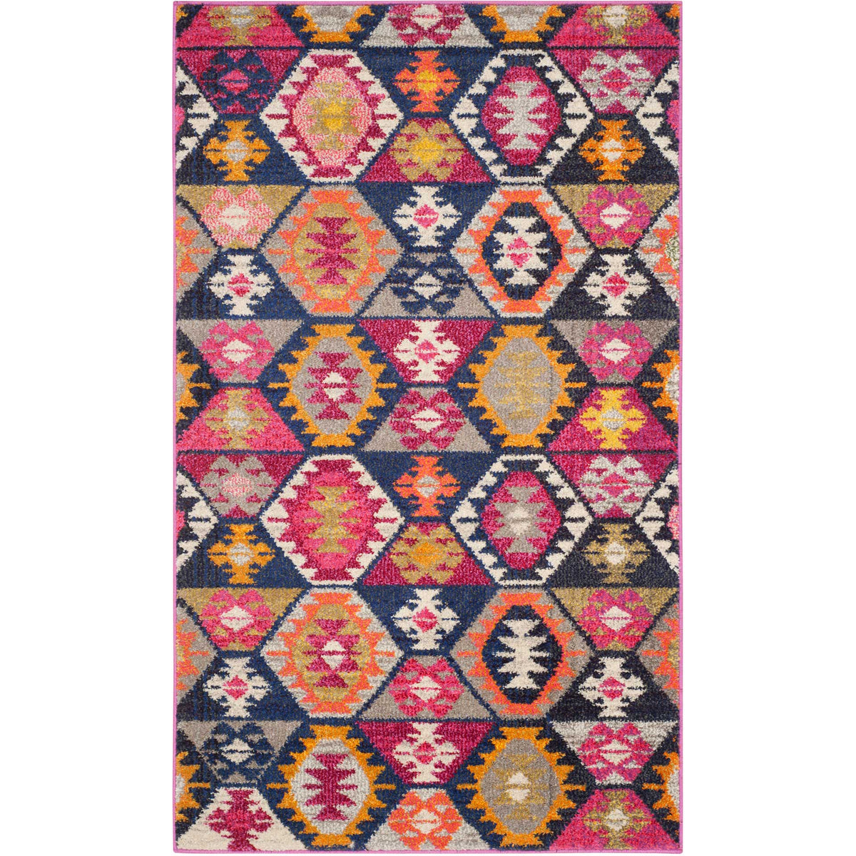 Layered pink and gold motifs bring rich color to a dark geometric rug with a slim pink border.