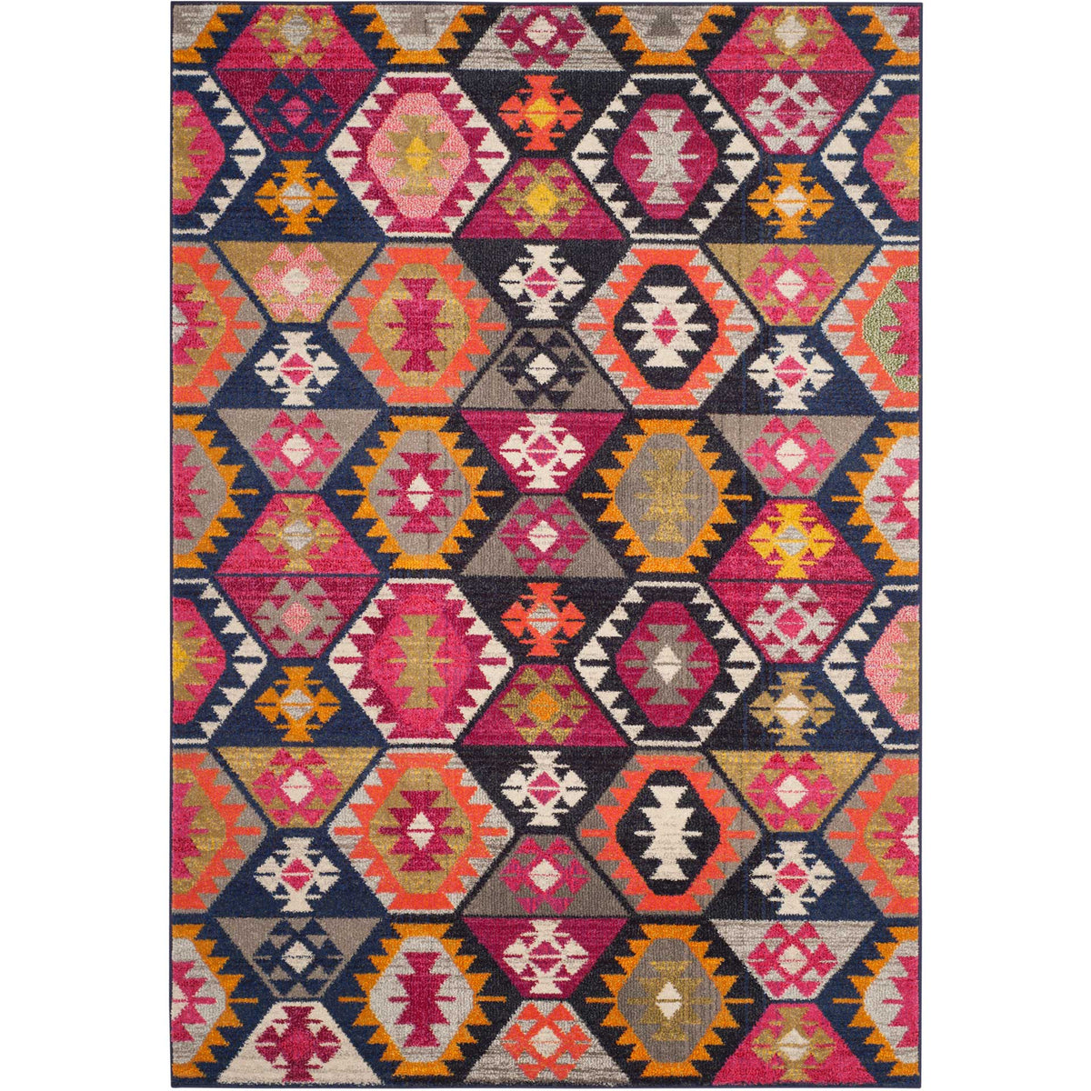 Vibrant pink, orange and gold medallions stand out against a deep navy geometric ground.