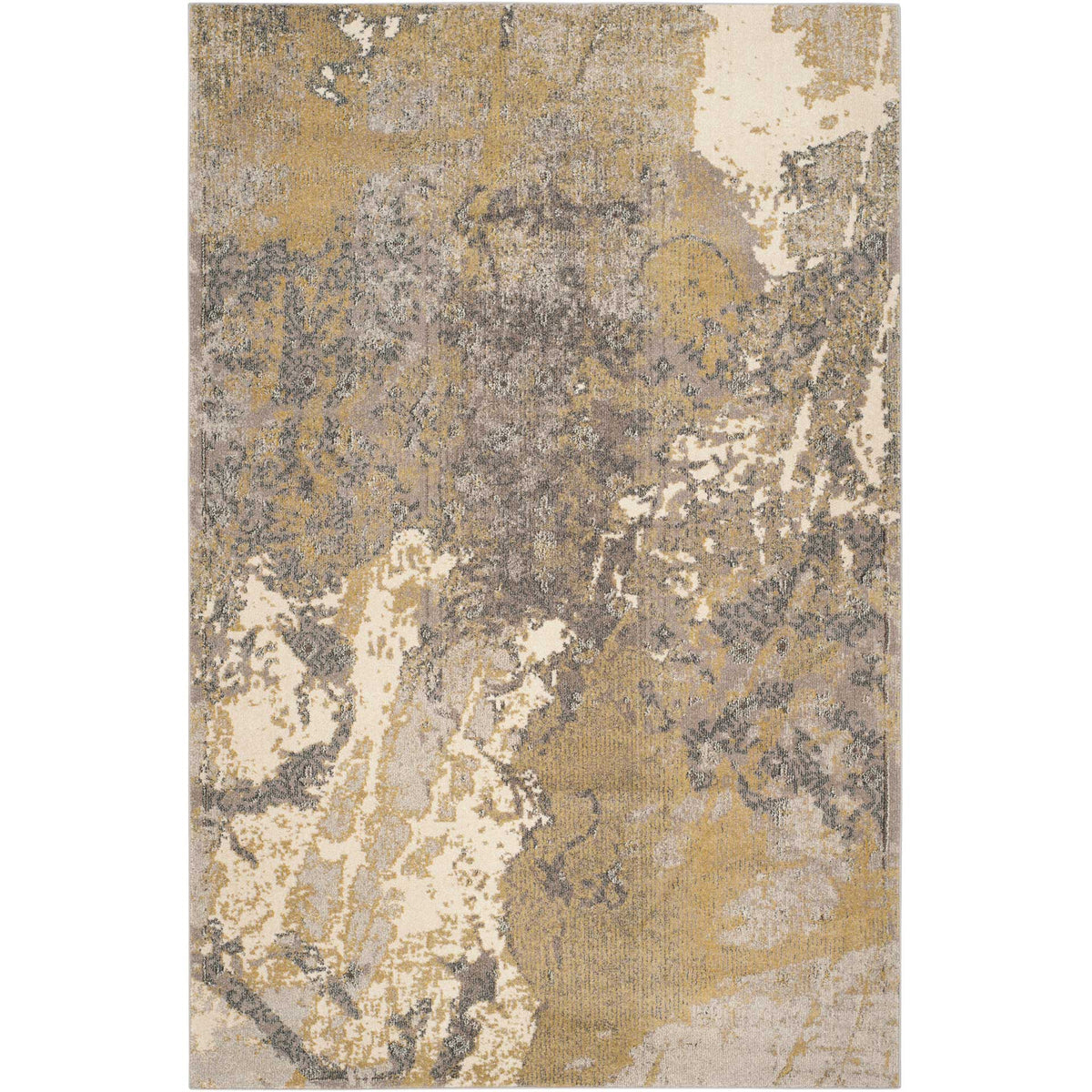 Painterly patches of golden ochre and gray drift across an ivory ground.