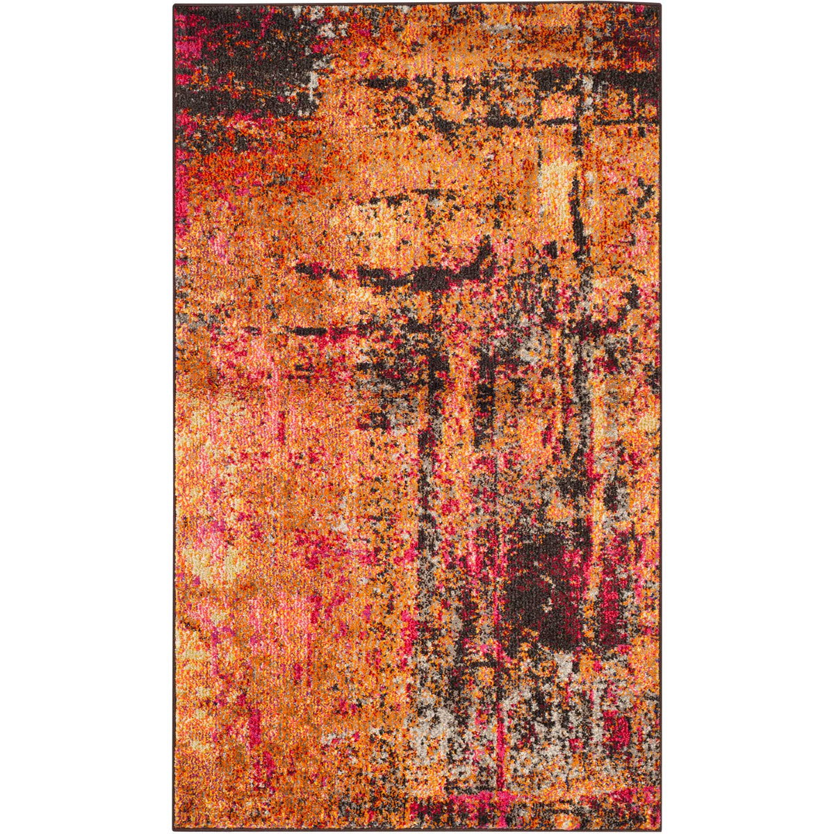 Bright orange and rose washes contrast with dark, distressed markings on this compact rug.