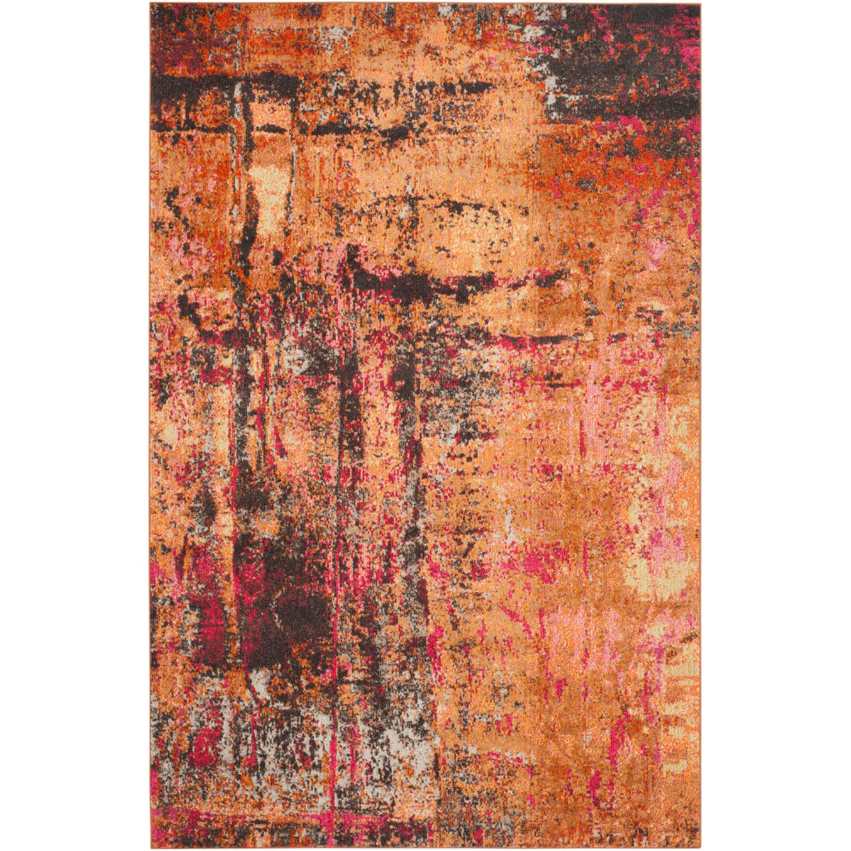 Orange and magenta mingle with smoky charcoal streaks across this abstract rug.