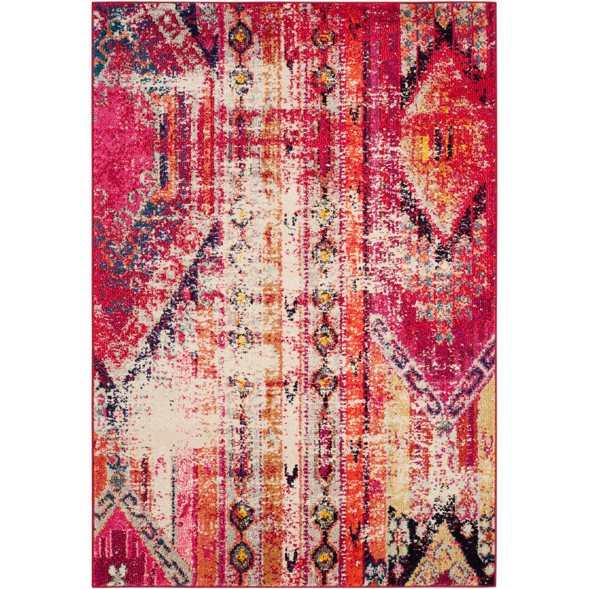 Rich magenta and cream rug features weathered diamonds, stripes, and pops of blue