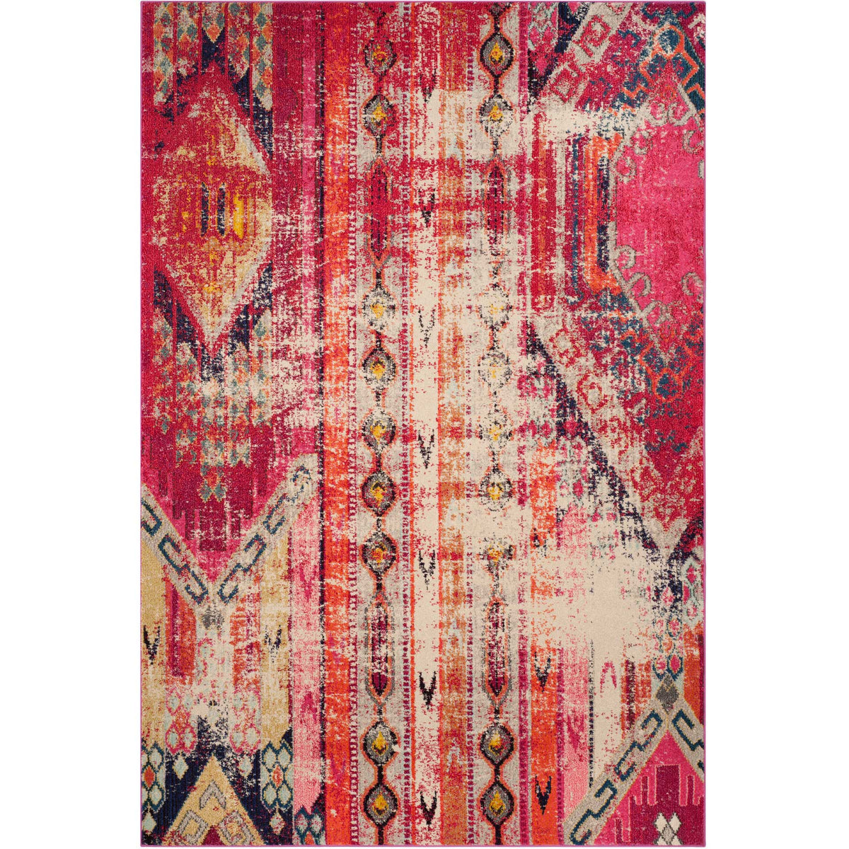 Magenta and coral tones frame a cream center with navy motifs and distressed geometric accents