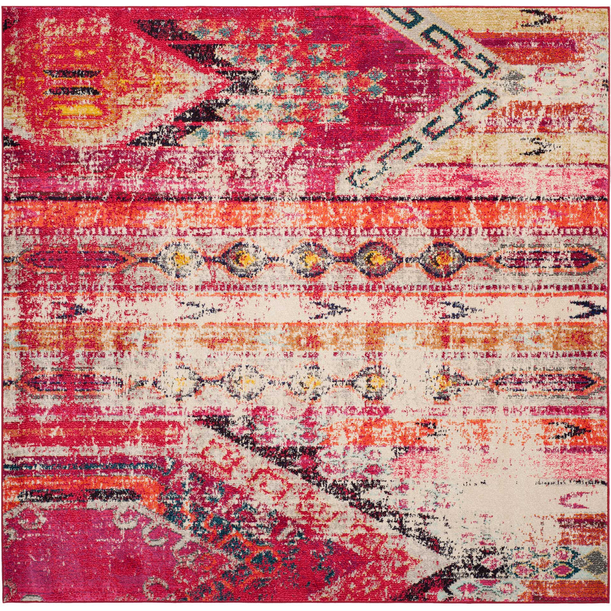 Square rug layers vivid magenta, coral, and cream over faded diamond and stripe motifs