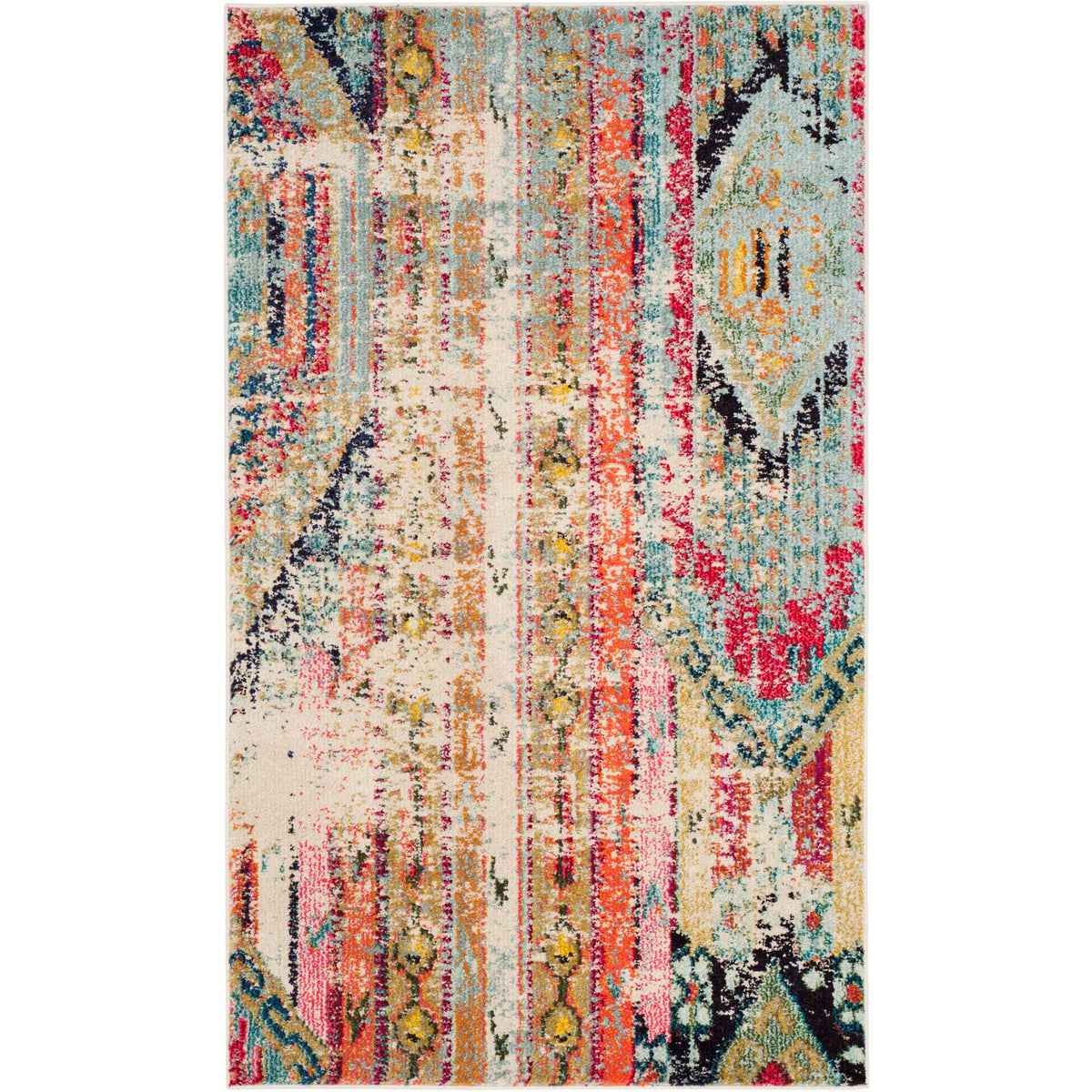 Cream, teal, and coral hues enliven a distressed geometric rug with diamond accents