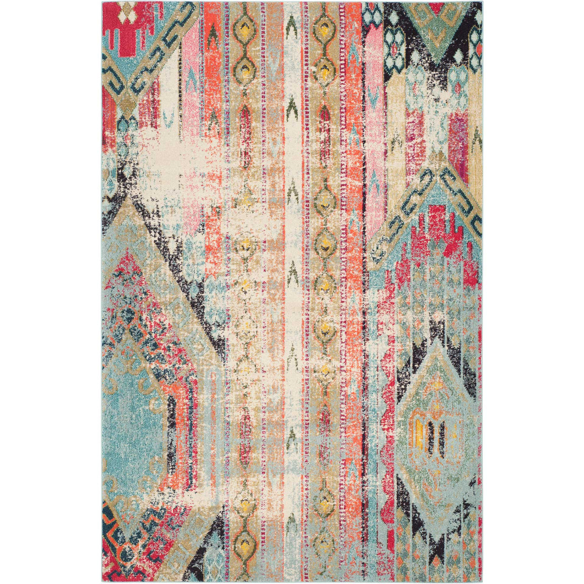 Distressed aqua medallions meet coral and cream bands on this multicolored geometric rug