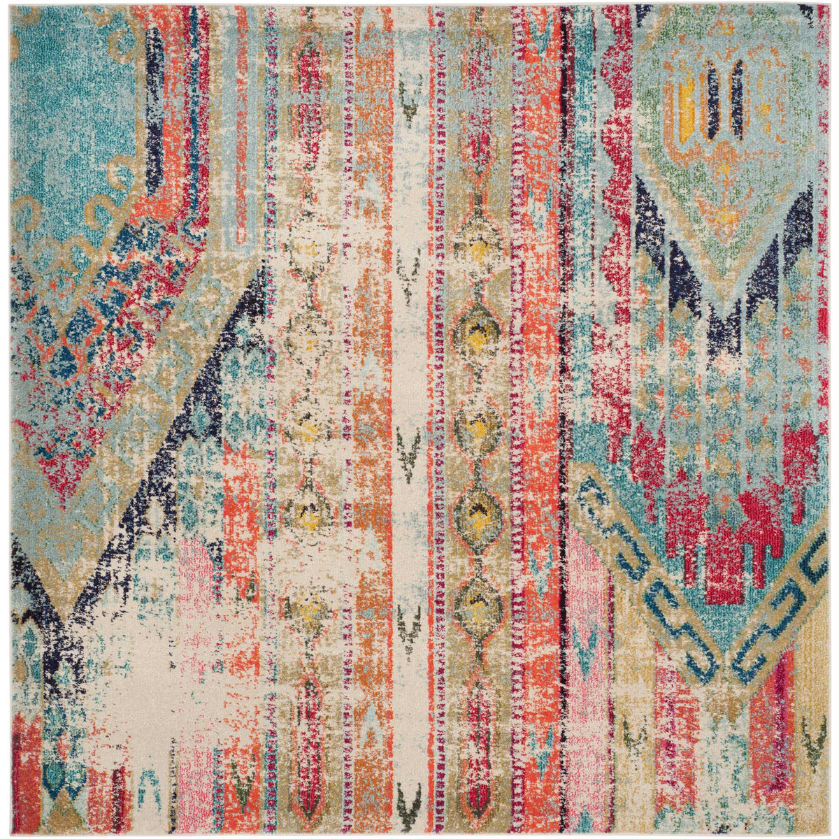 Square rug blends soft aqua and cream with vivid coral stripes and ornate diamond motifs