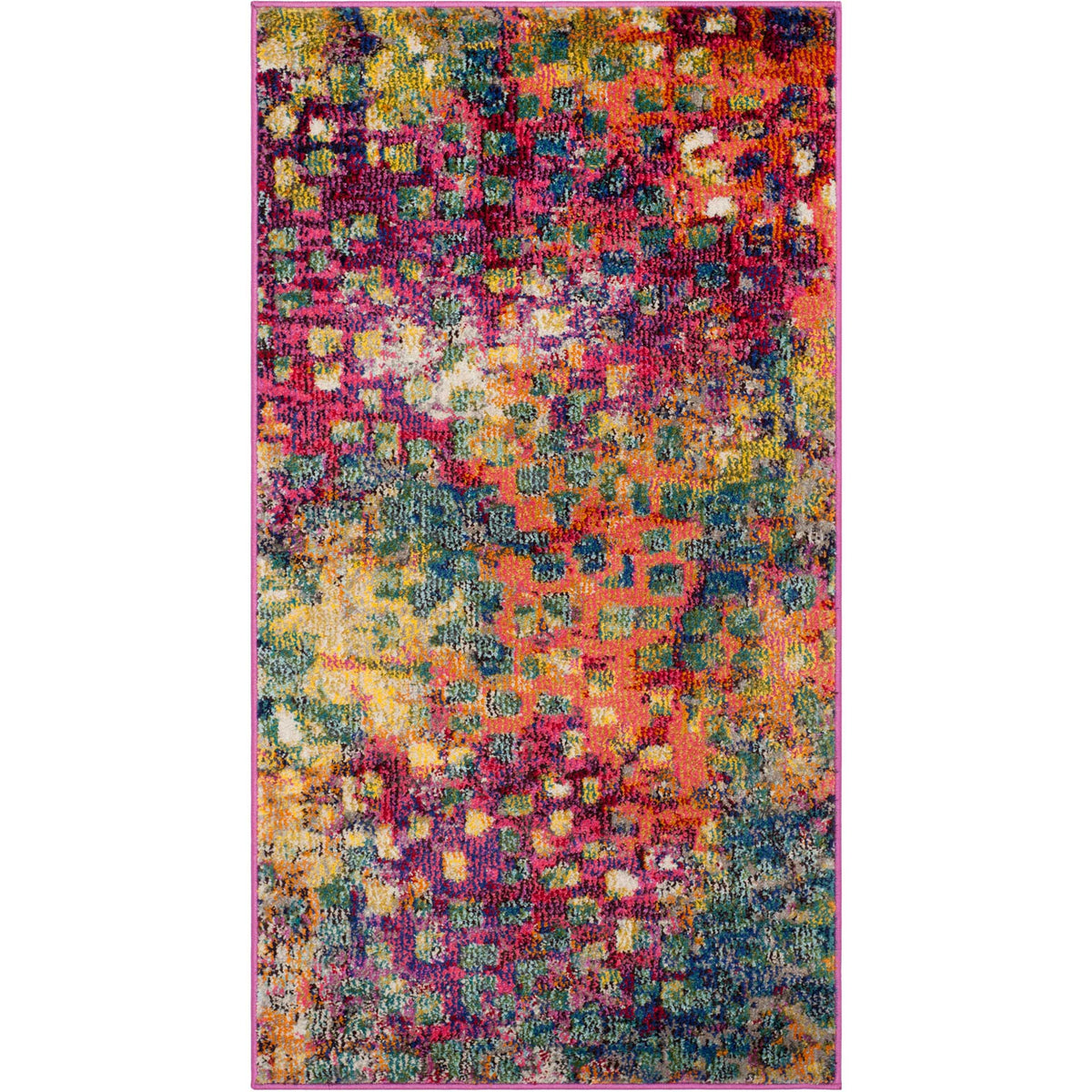 Small accent rug glows with pink, orange, teal, and yellow in a playful mosaic