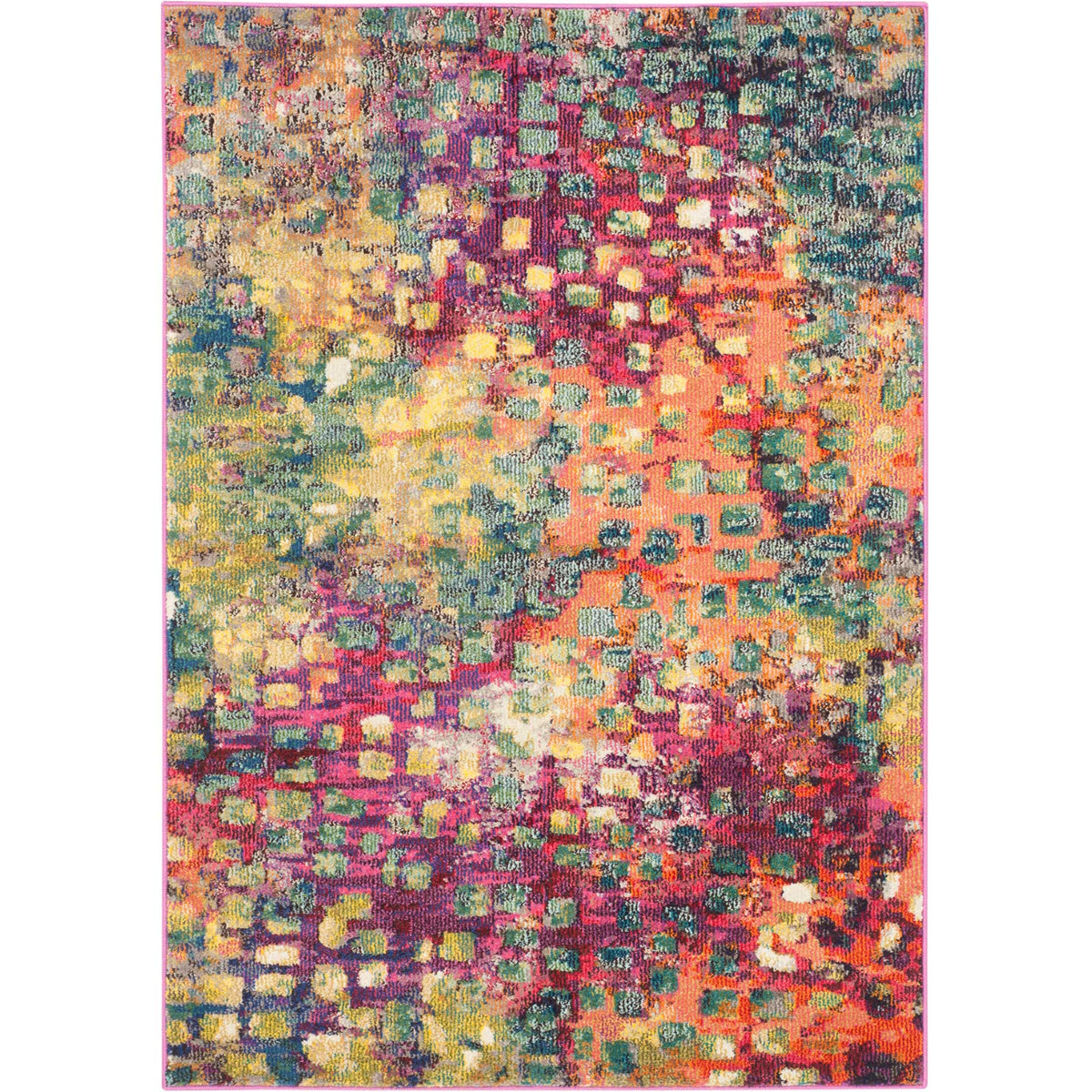 Compact multicolor rug dazzles with pink, orange, and teal in a weathered mosaic