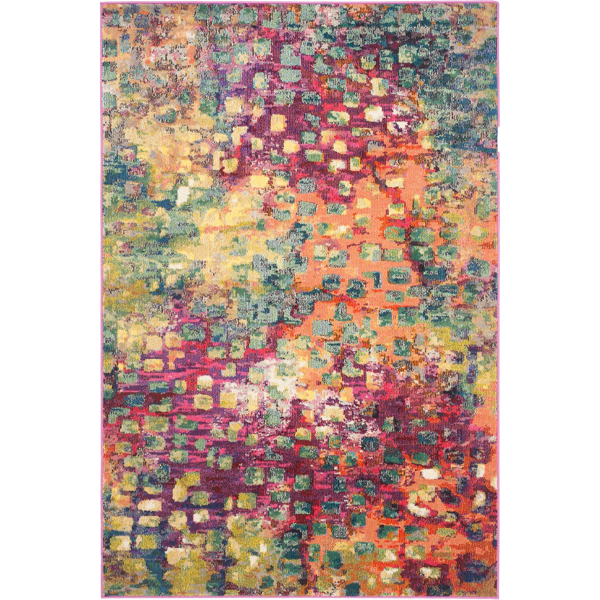 A colorful rectangular rug mixes coral, magenta, teal, and gold in a painterly grid