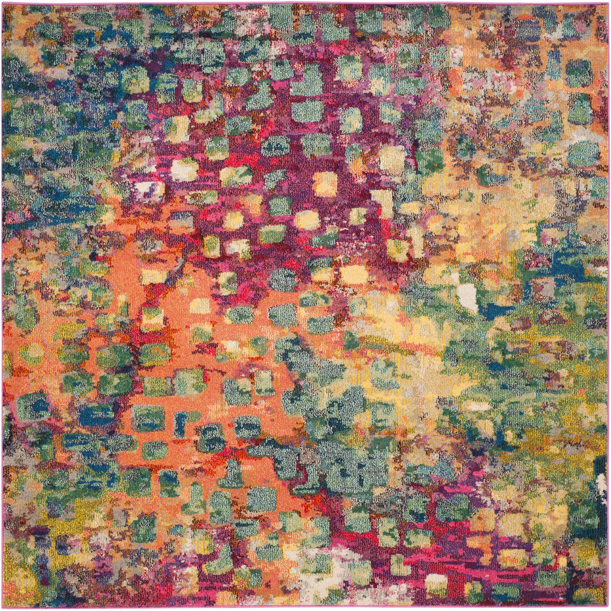 Square area rug layers pink, teal, yellow, and violet in a spirited abstract patchwork