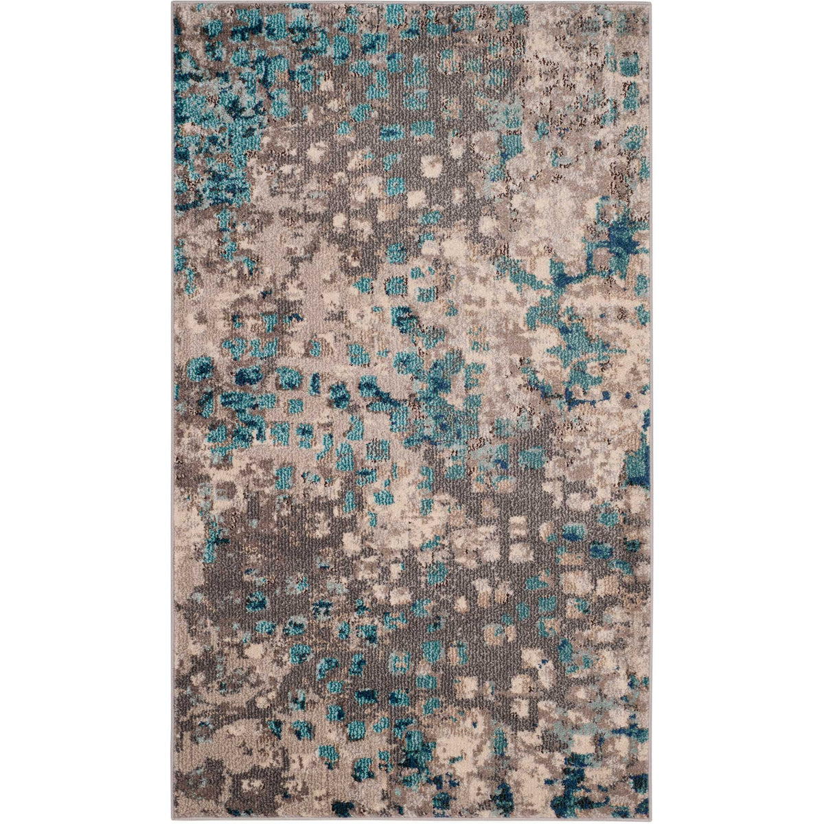 Compact gray and light blue rug features playful teal patches on an ivory ground