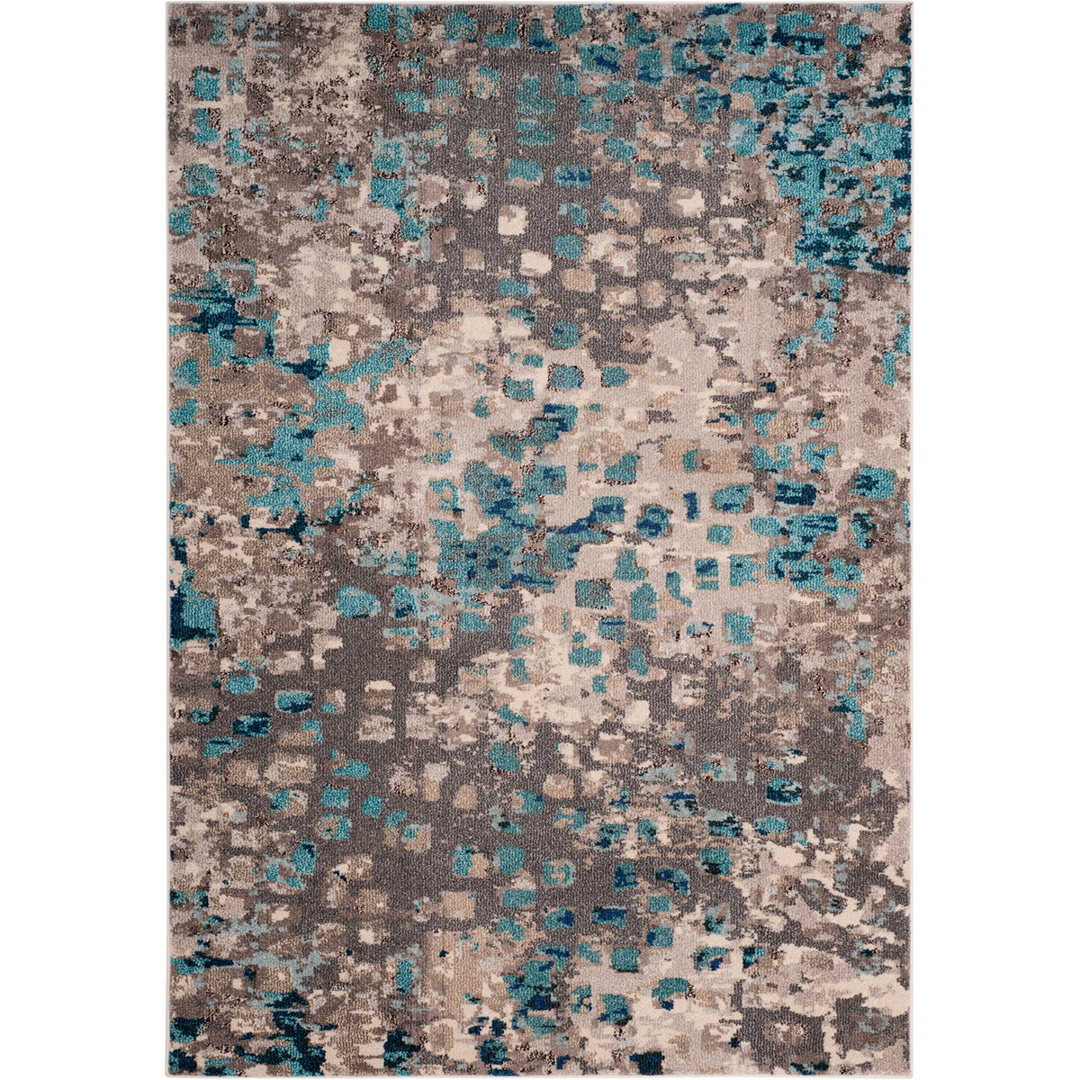 Gray and teal rectangular rug balances scattered blue blocks with weathered ivory