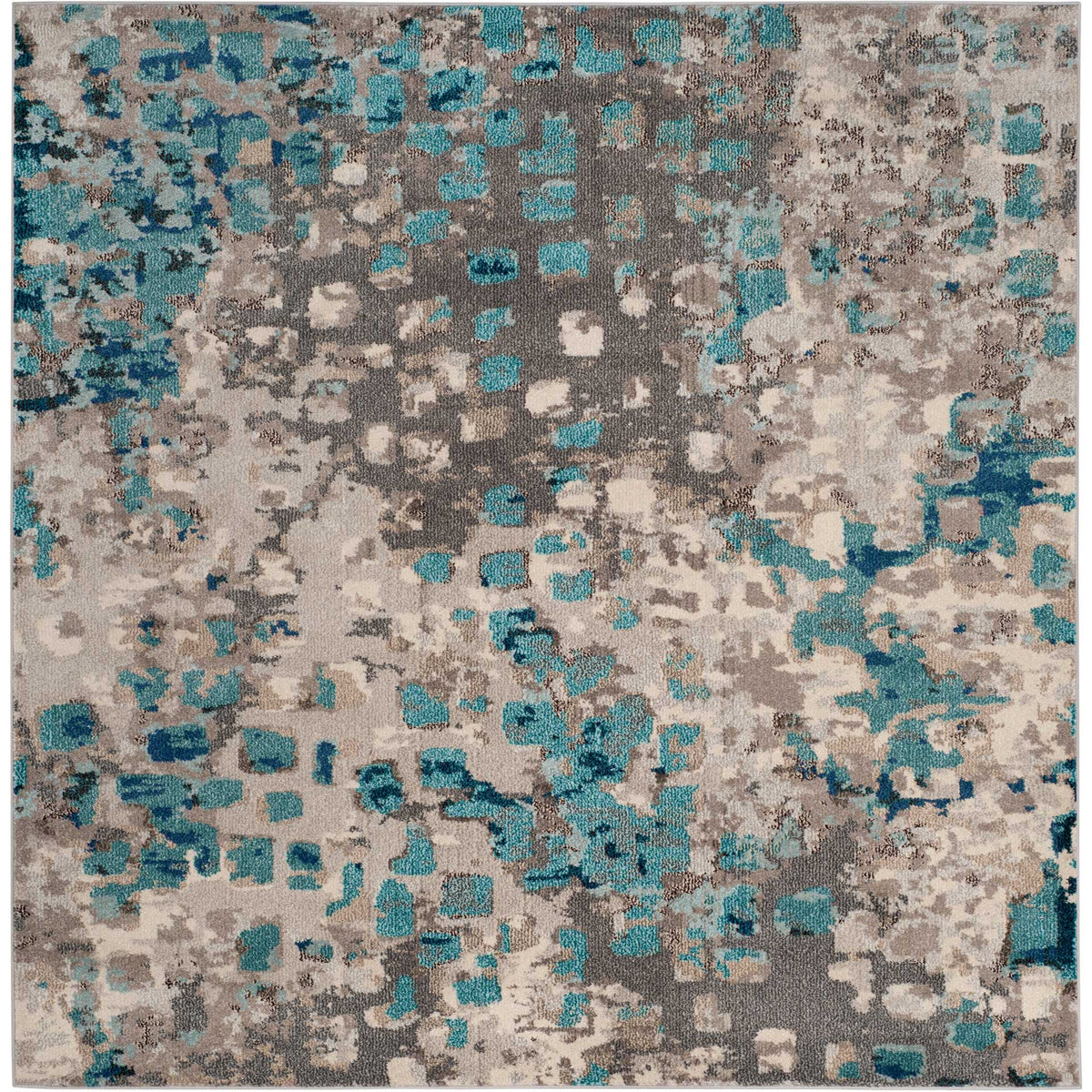 Square gray rug brings a lively mix of turquoise blocks and softly faded ivory