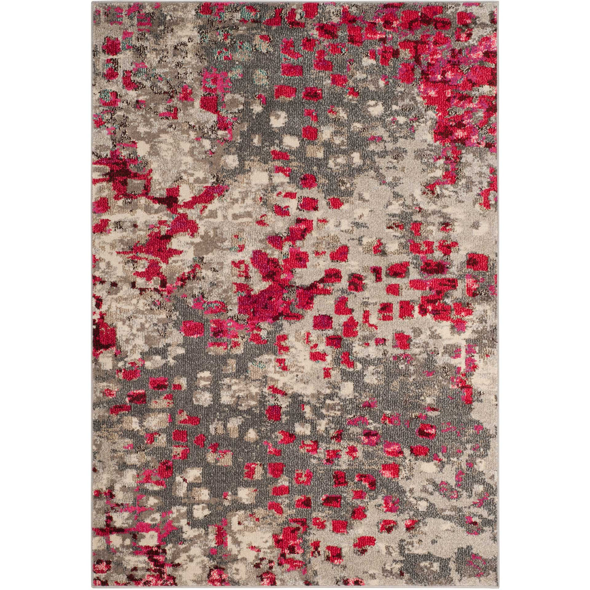 Compact gray rug gets a bright fuchsia lift from its irregular, weathered mosaic