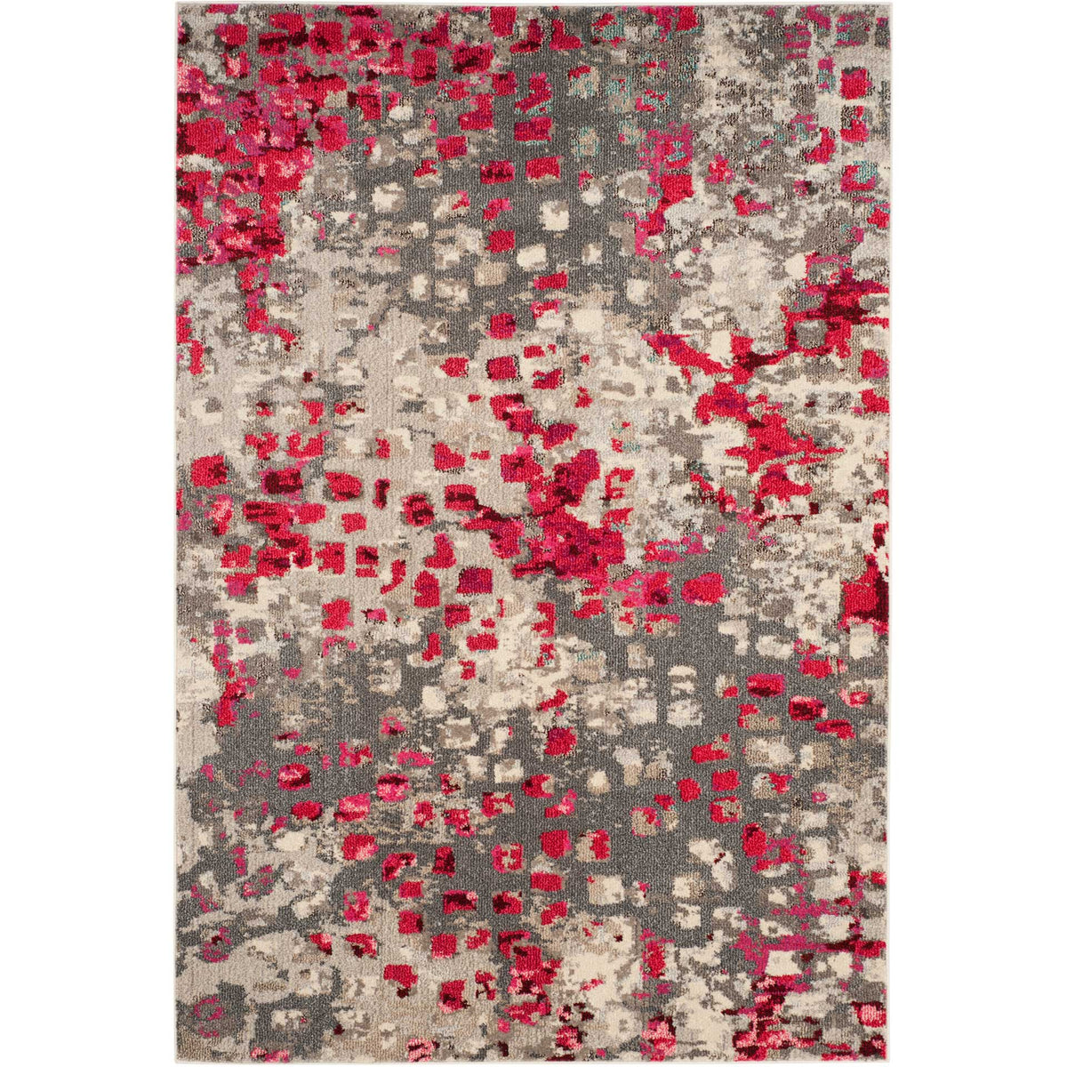 Gray and fuchsia rug adds vibrant patchwork color across a rectangular silhouette