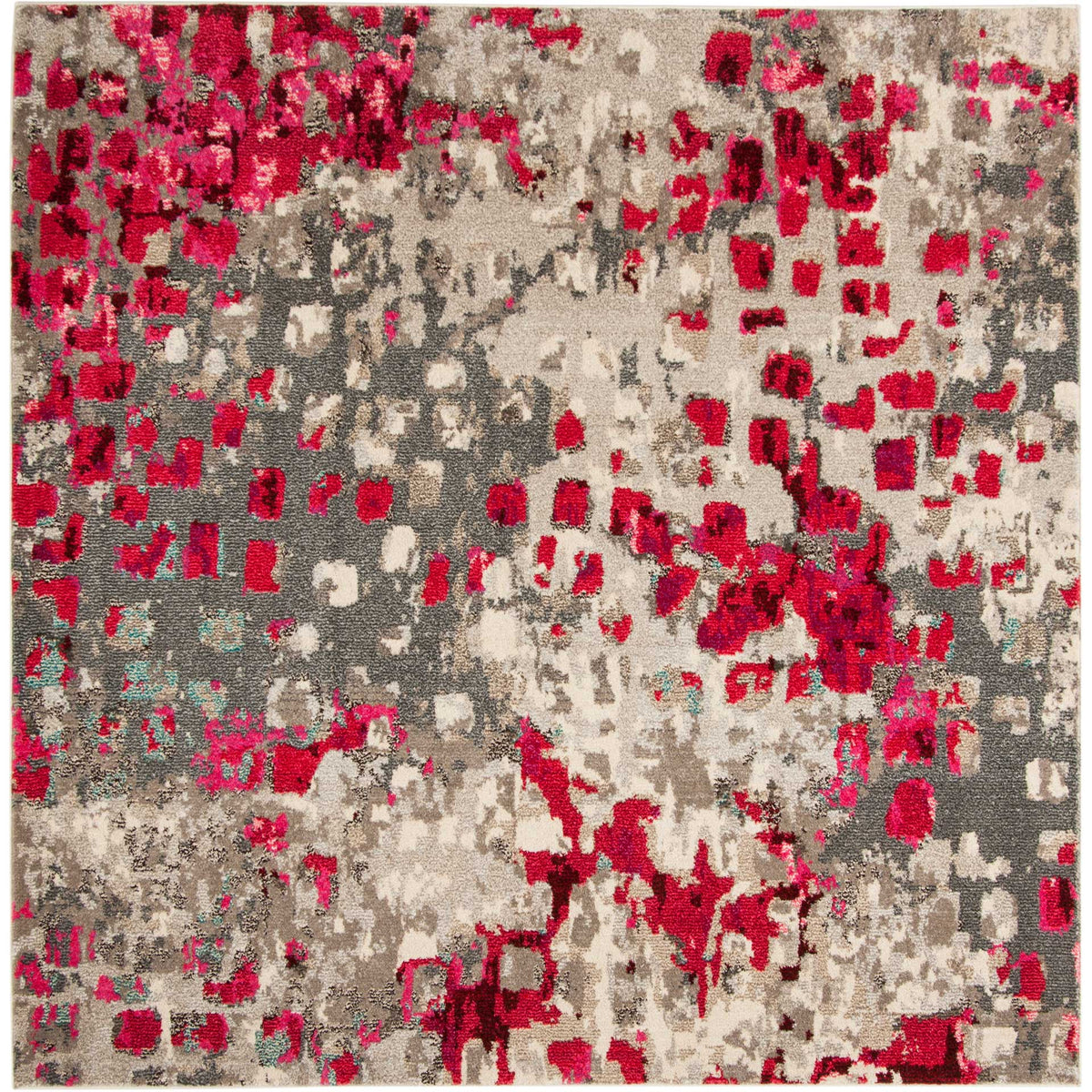 Square gray rug pairs vivid fuchsia splashes with softly mottled ivory details