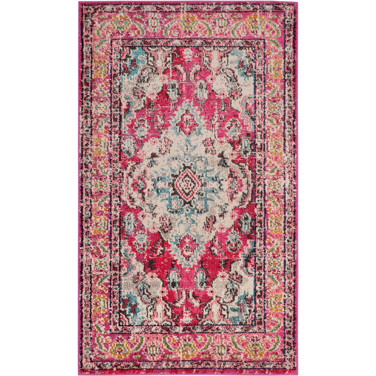 Compact pink area rug features a distressed light blue medallion and multicolored floral trim