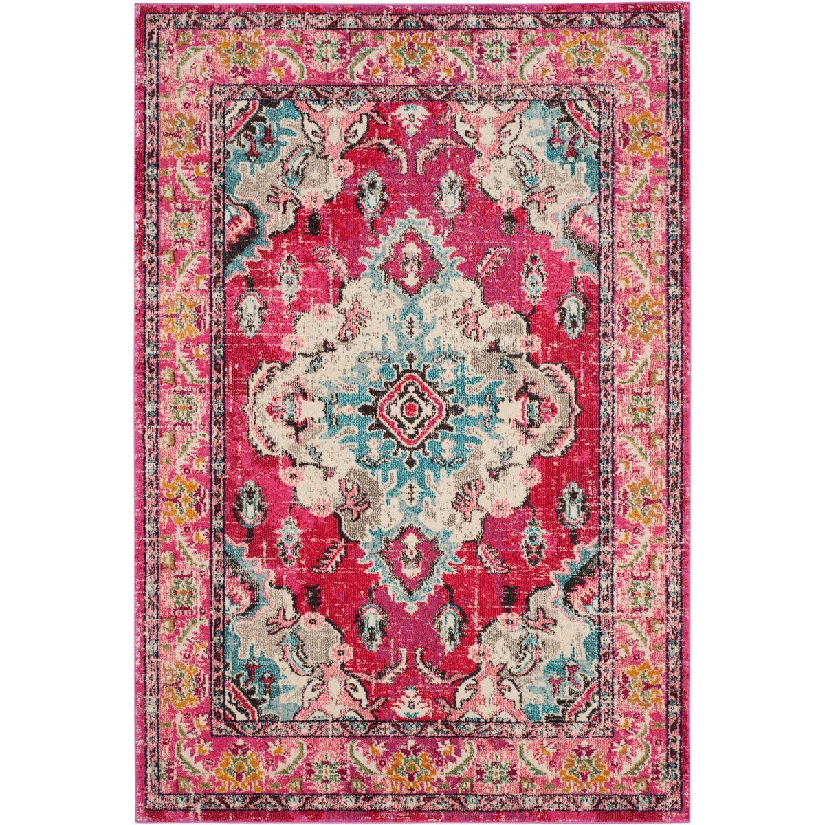 Vibrant pink rug surrounds an ivory and light blue medallion with intricate pink floral borders