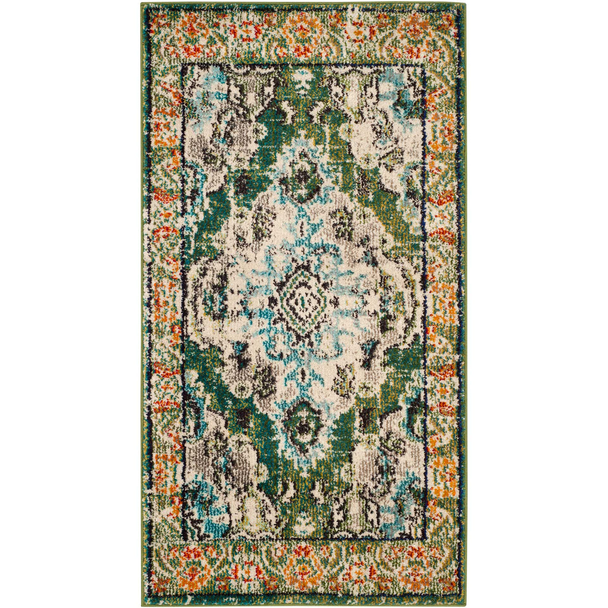 Forest green rectangular rug with an ivory medallion, light blue accents, and a colorful floral border || MNC243F-5 || top_studio