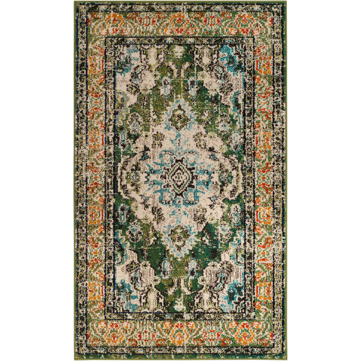 Forest green rug with a delicate ivory medallion and an orange floral border