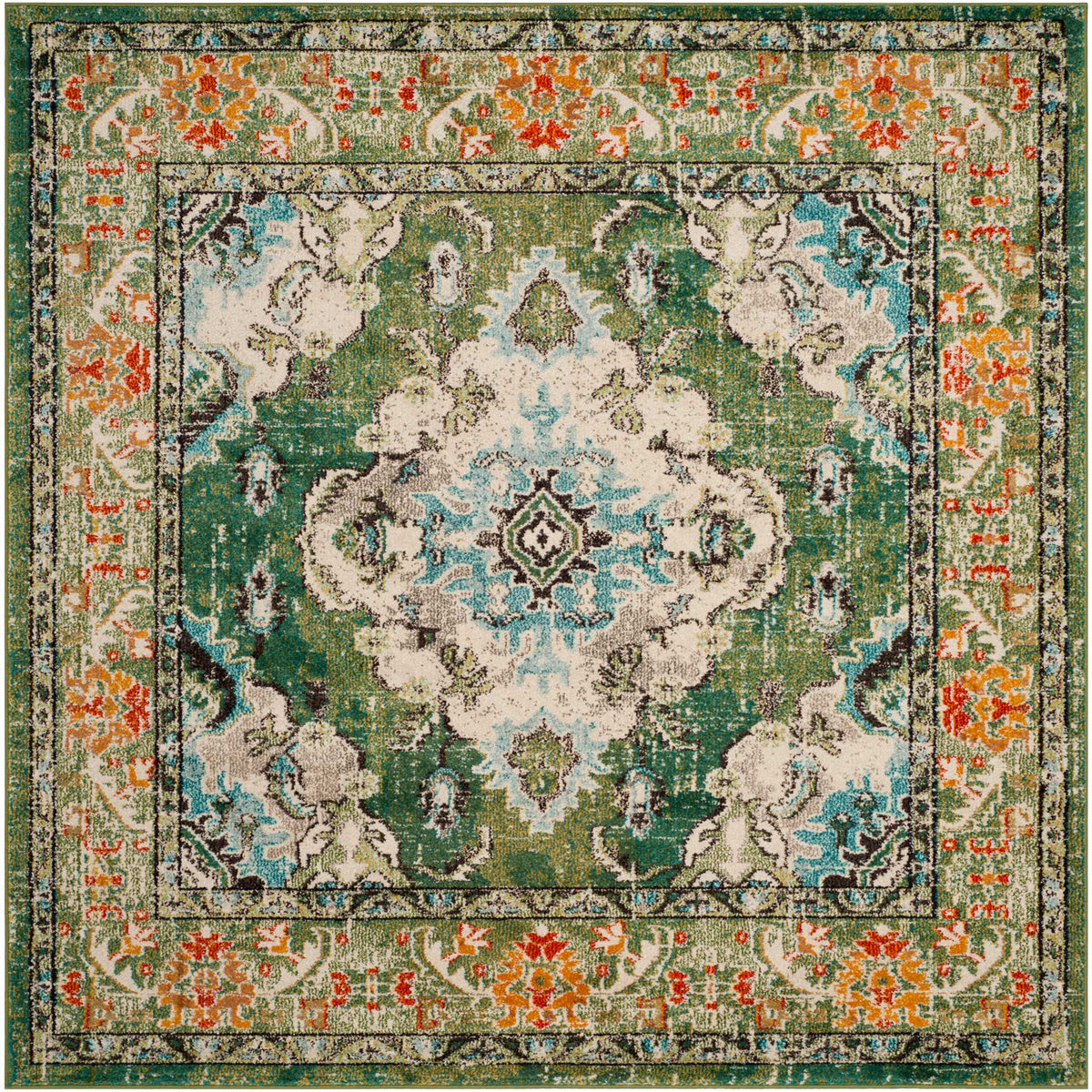 Square forest green rug framed by orange florals around an ivory and light blue medallion