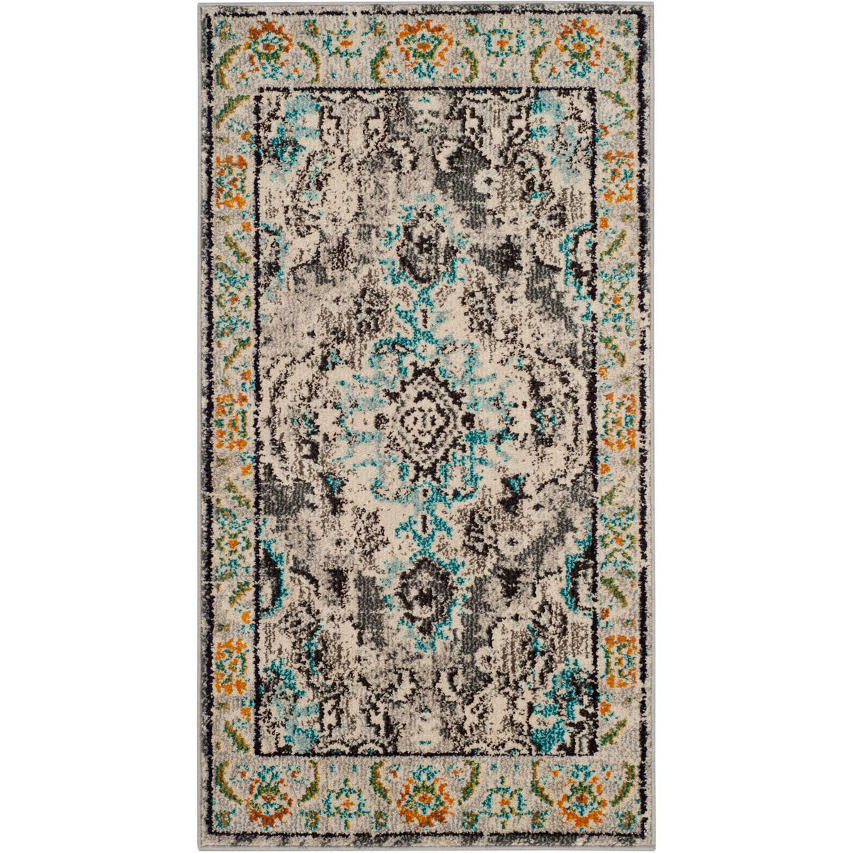 Compact gray area rug features an ivory and aqua medallion amid delicate orange border details