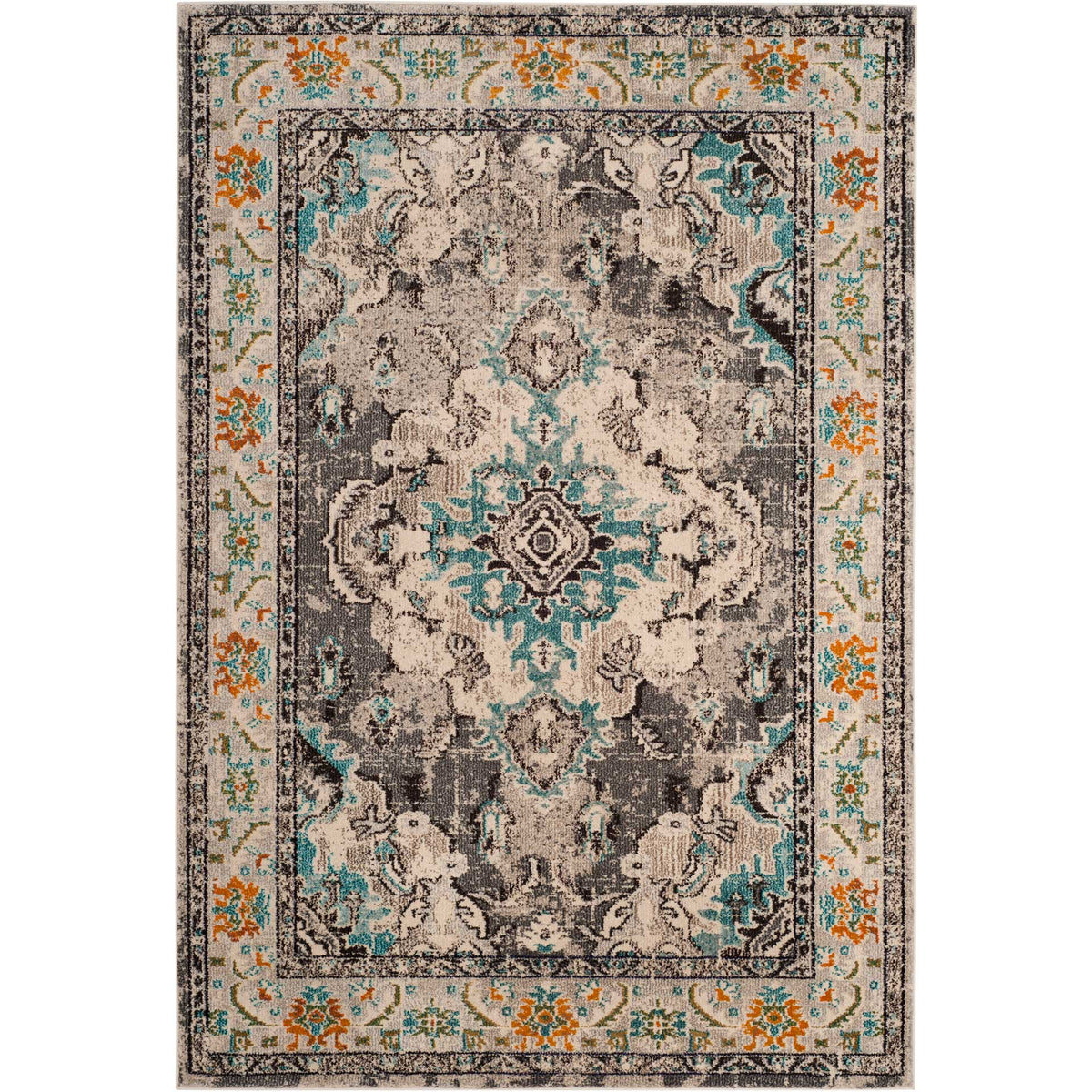 Gray traditional rug with a light blue medallion, intricate ivory motifs, and orange floral trim